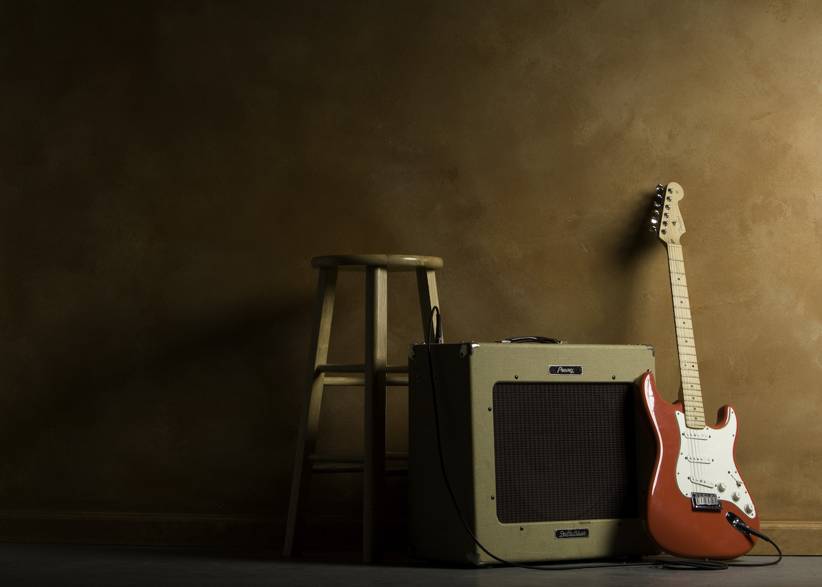2002 Fender American Strat in Hot Rod Red and Peavey Delta Blues 1x15.