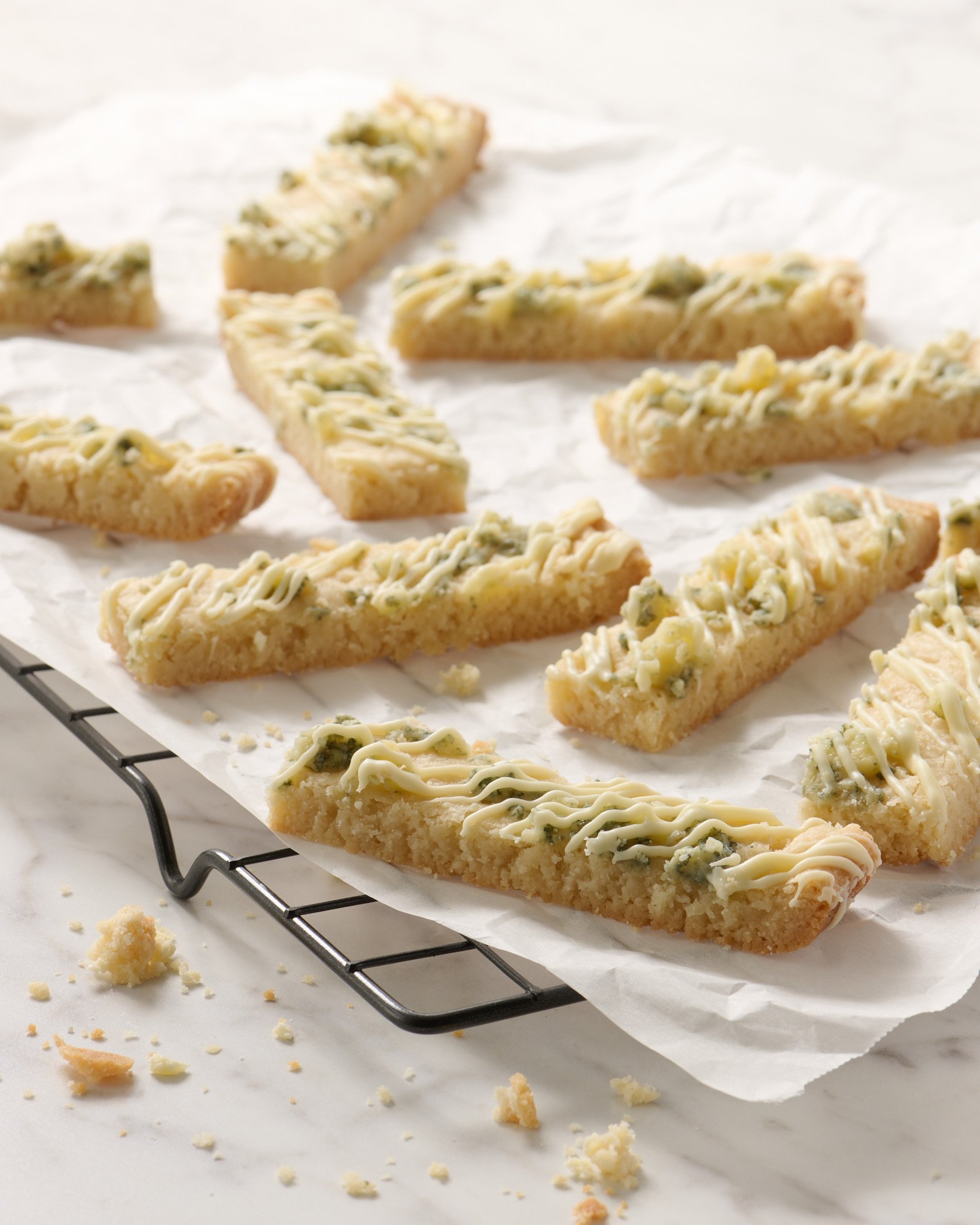 Blue Cheese Shortbread Sticks With White Chocolate Drizzle