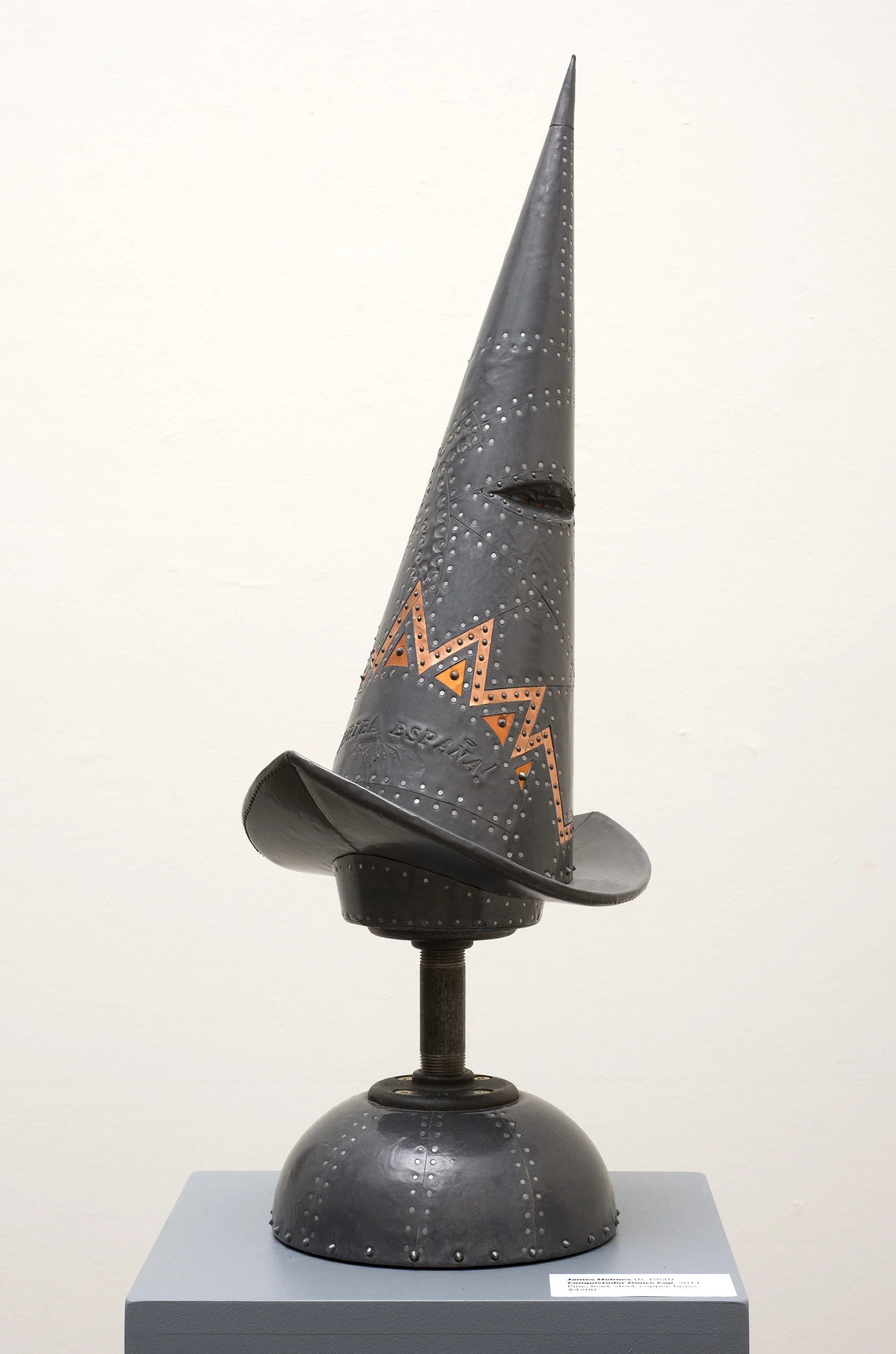 James Holmes, Conquistador Dunce Cap. 2011. Pine, lead, steel, copper, brass. 27.5" x 9.5" x 9.5"