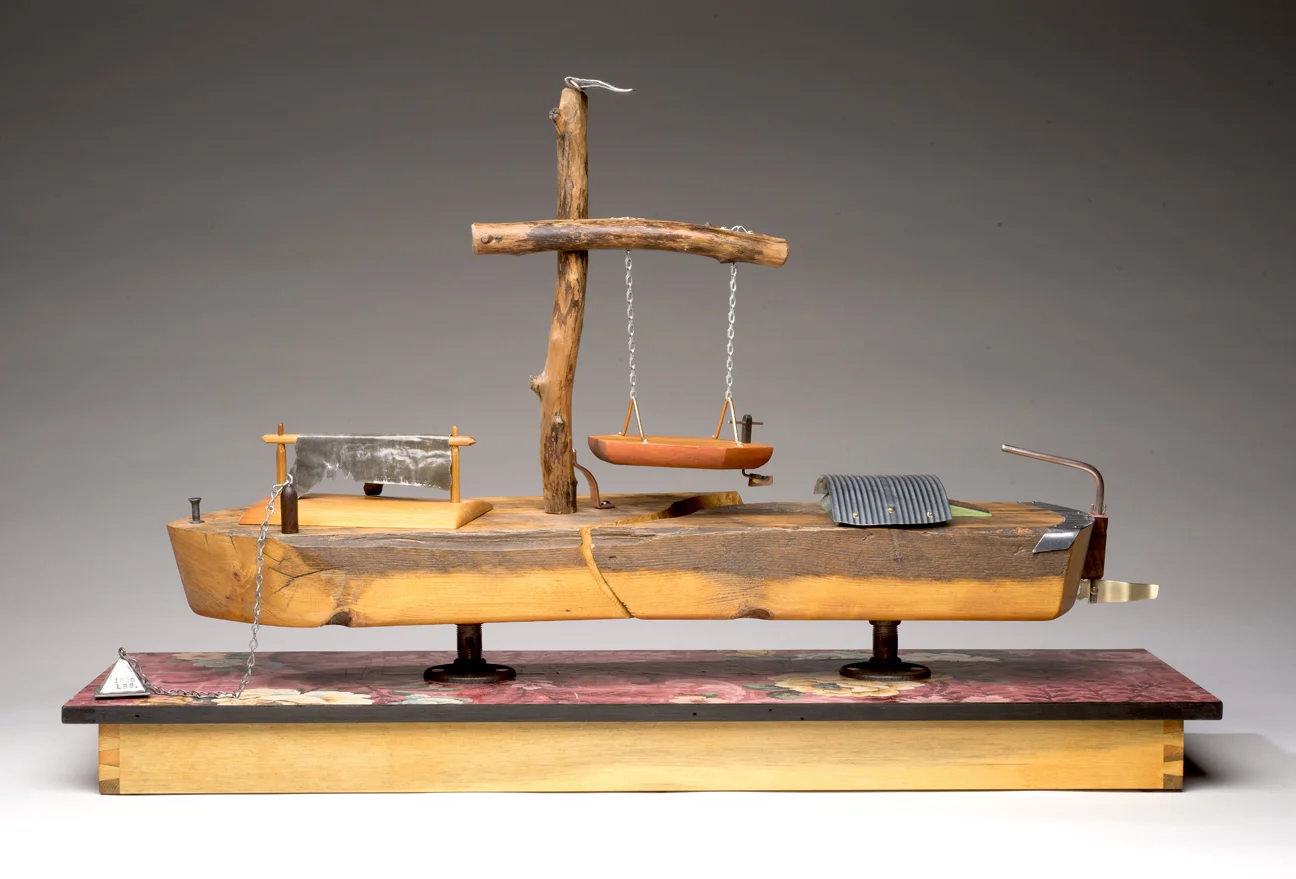 James Holmes, Missouri Riverboat. 2016. Pine, walnut, branches, tin, copper, lead, brass, linoleum, chain. 23" x 36" x 10.5"