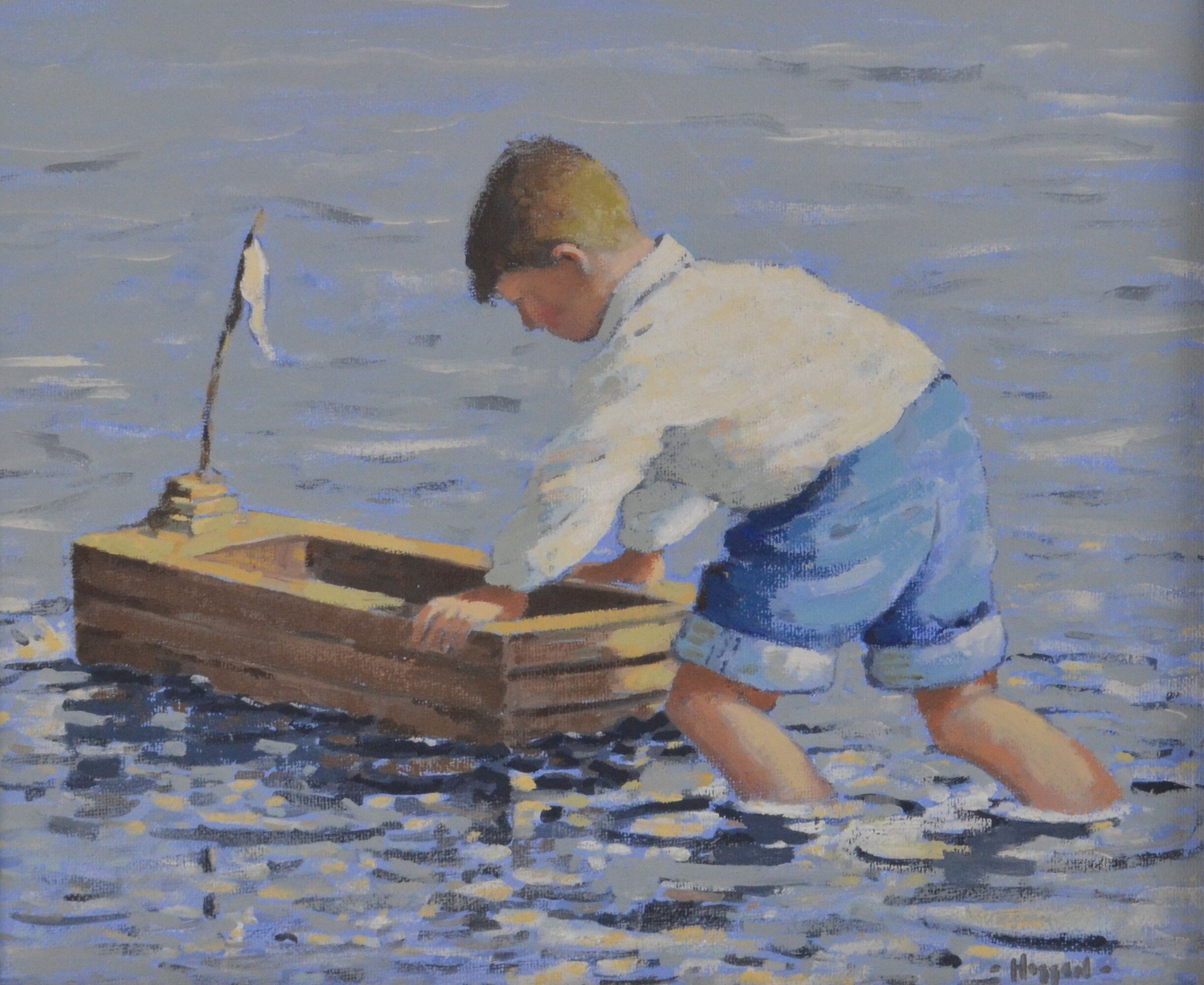 JACK HOGGAN Scottish b1951 (JACK VETTRIANO OBE) 'Boy Boating' Original oil on board 