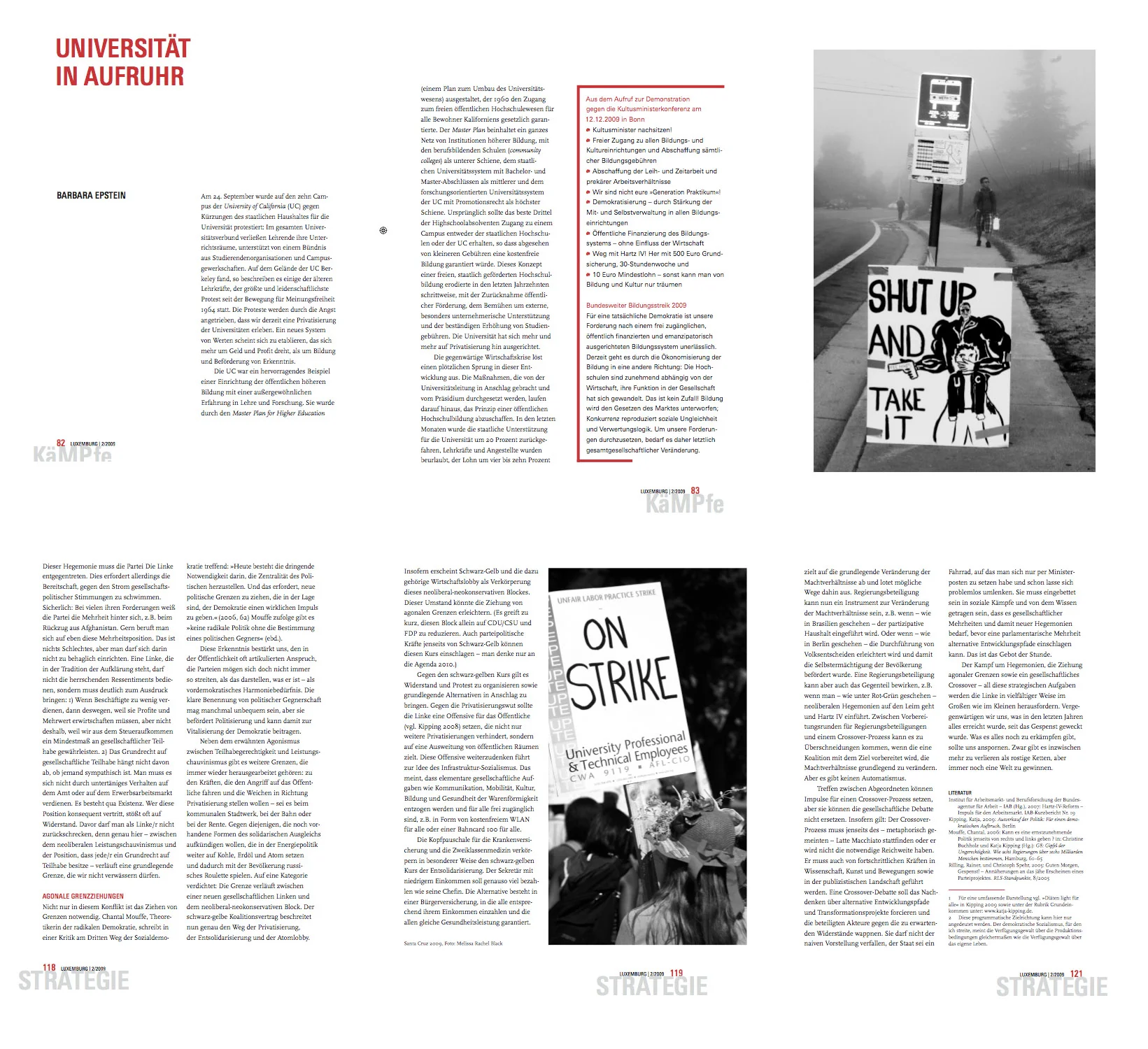 Photos of the 2008 University of California budget cut protests featured in German publication, Strategie.