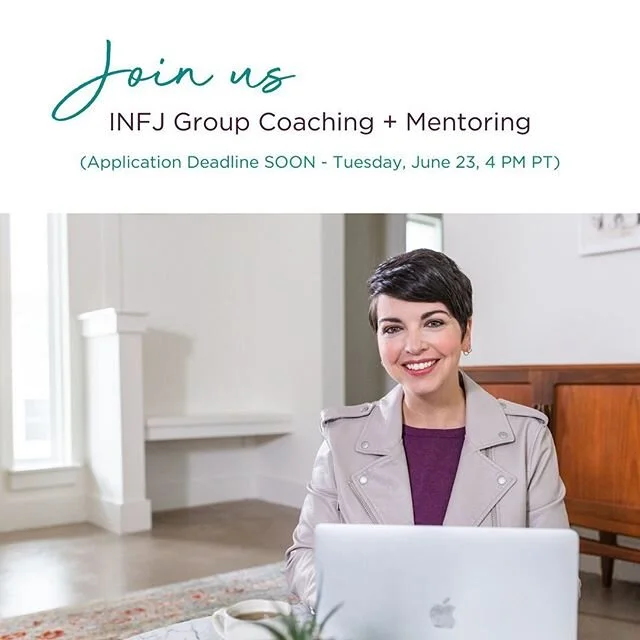 Come join a small group of INFJs to receive coaching from me on a specific area in which you feel stuck. You’ll gain clarity on how to move forward to create a life that feels more purposeful and meaningful.
.
I’ve never offered this type of coaching experience before and I’m not sure when or if I’ll offer it again. Join us if you want to connect with a very small group of INFJs while also experiencing group mentoring and direct (1:1 coaching) from me in this group setting.
.
Click the link in my profile and select the first button (INFJ Group Coaching Application) to apply. This series of group coaching sessions is $297, and more details are included on the application form (including dates and times). DM me for questions.
.
APPLICATION DEADLINE is tomorrow (Tuesday, June 23, 2020, at 4 PM PST).
