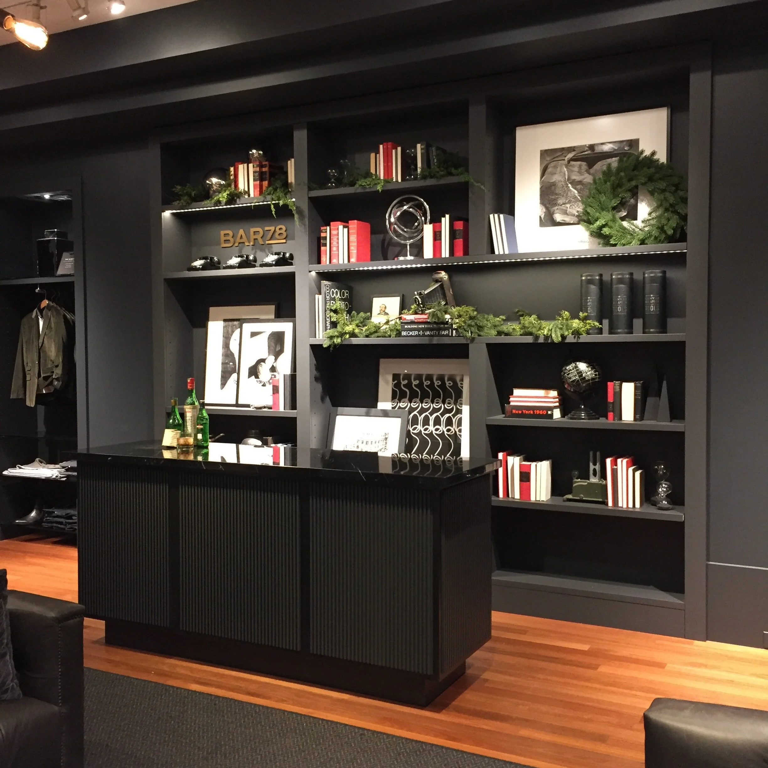 Marble and mahogany bar with built-in shelving 