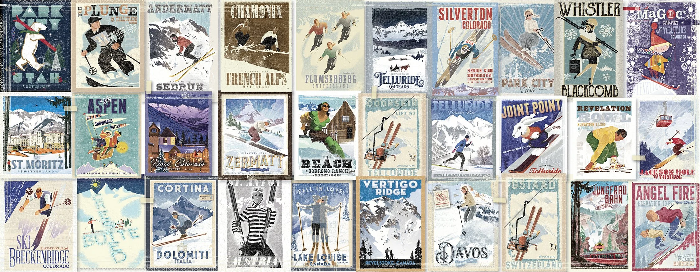 Secondary Vintage Ski Puzzle Concept , featuring Ski Resorts that I have worked with from all over the world!