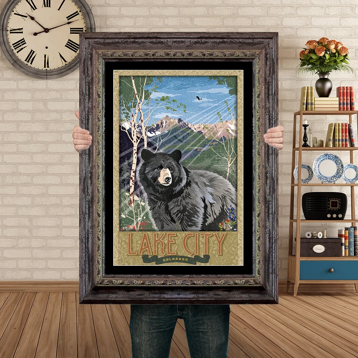 Man Holding Poster Mockup Barnwood Summer Black Bear.jpg