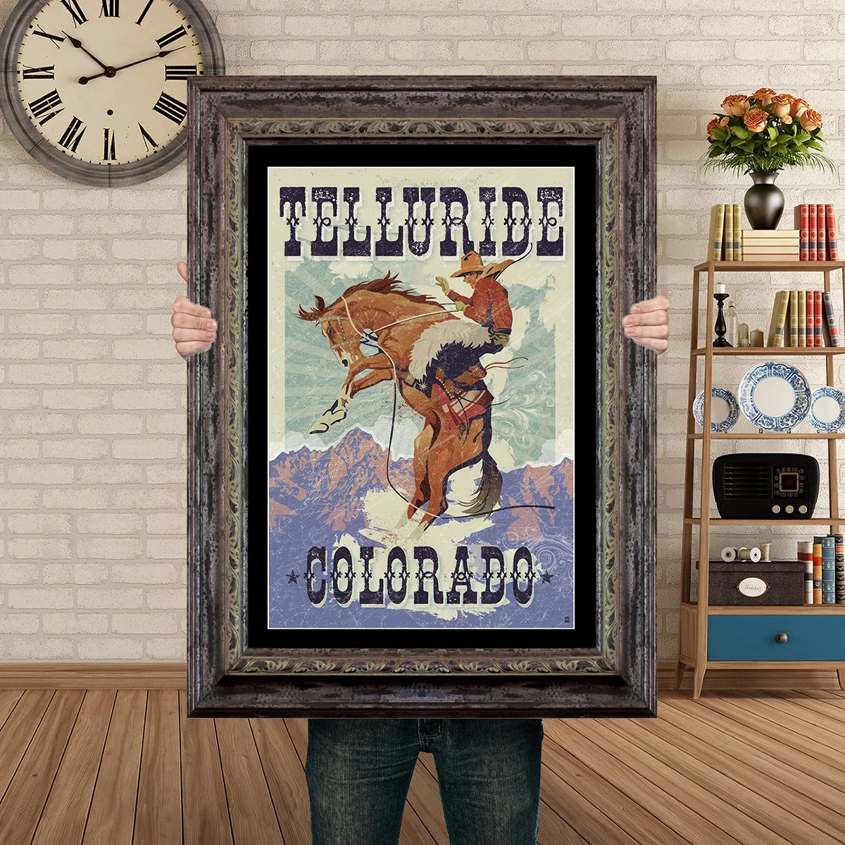 Man Holding Poster Mockup Barnwood Buckingbronc telluride.jpg