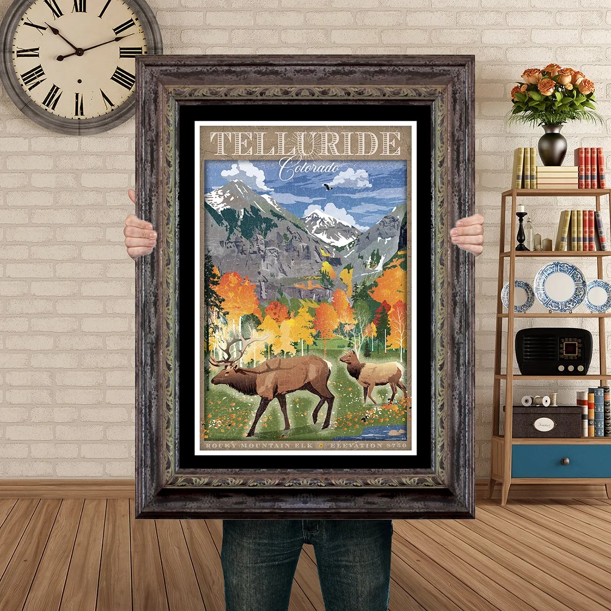Man Holding Poster Mockup Barnwood Valley floor elk Fall.jpg