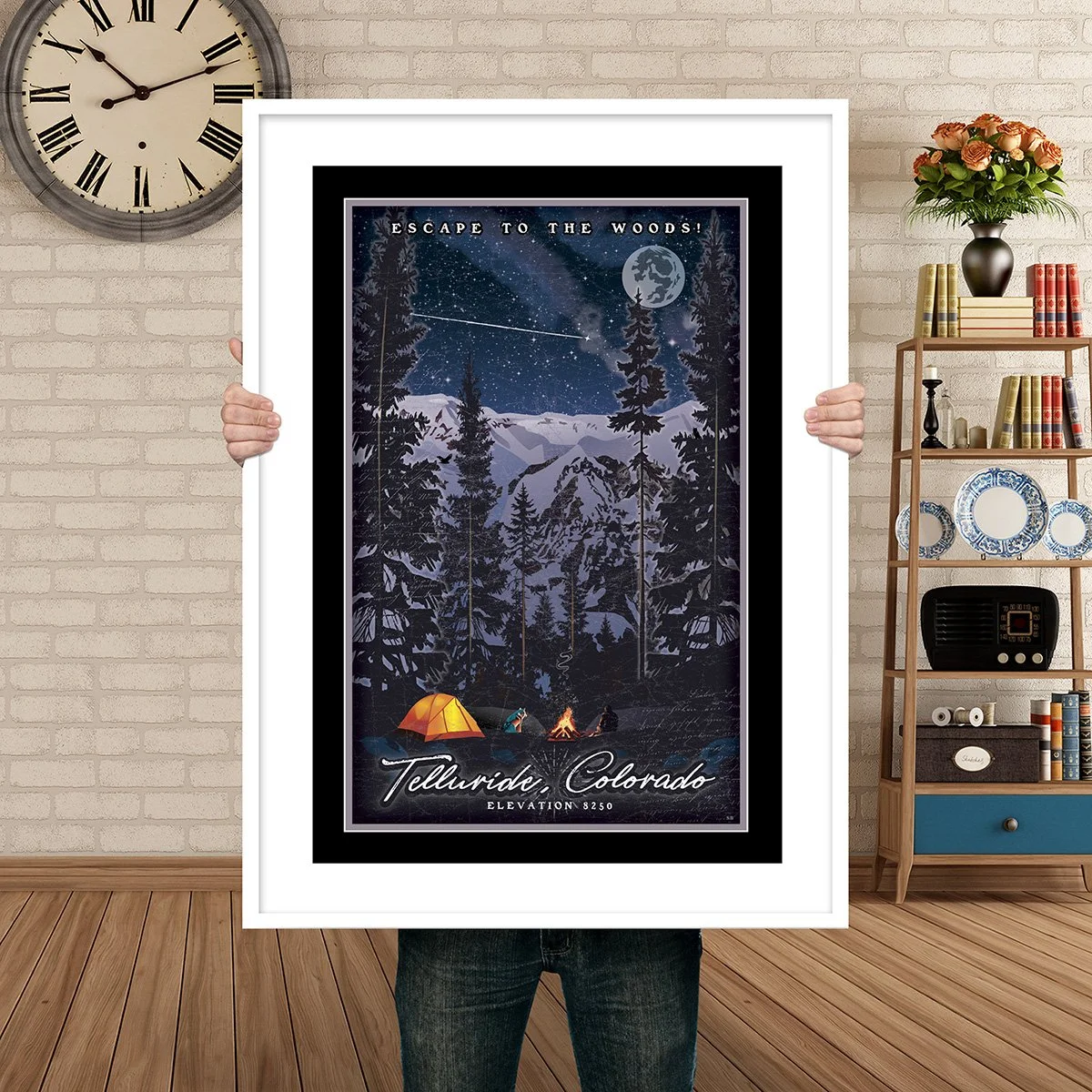 Man Holding Poster Mockup Camping in the woods.jpg