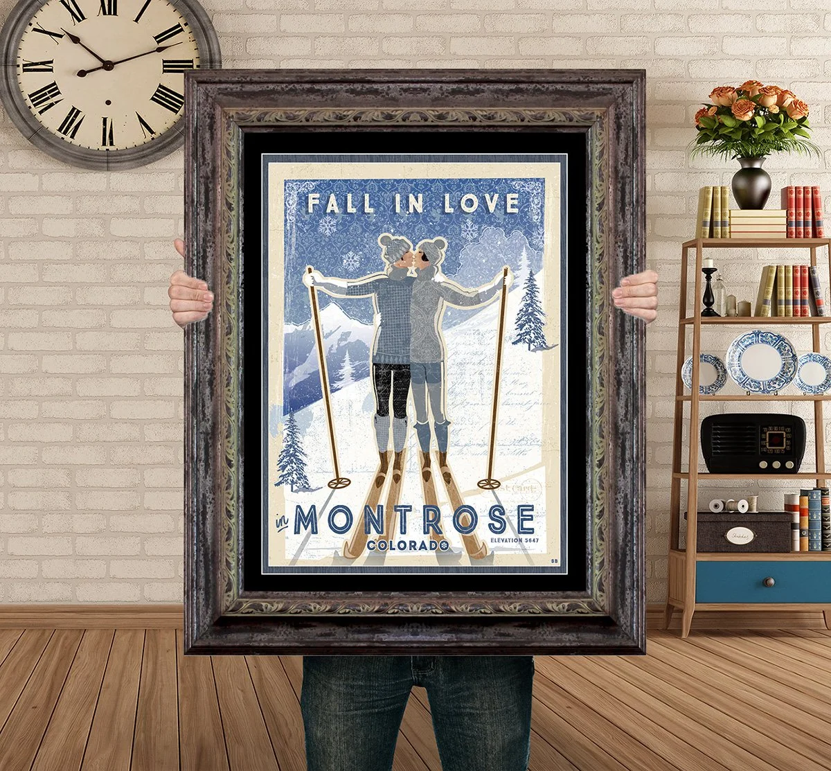 Man Holding Poster Mockup Barnwood Fall in Love skiers.jpg