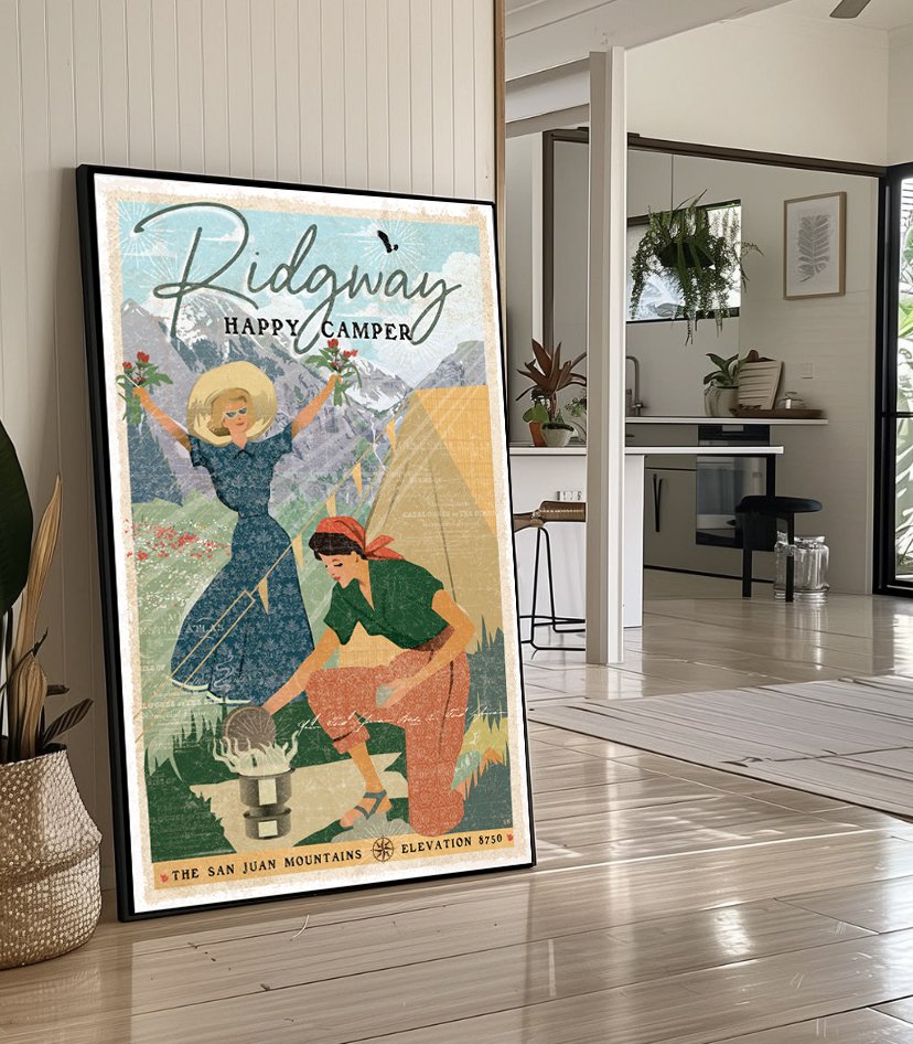 Modern Framed print on floor  RidgwasyCamping girls.jpg