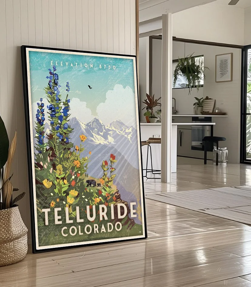 Modern Framed print on floor Black Bear Wildflowers telluride.jpg