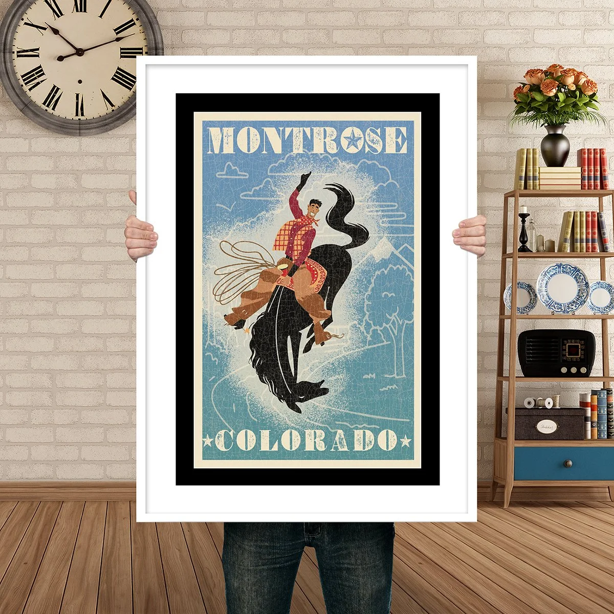 Man Holding Poster Mockup Cartoon Bucking Bronc.jpg