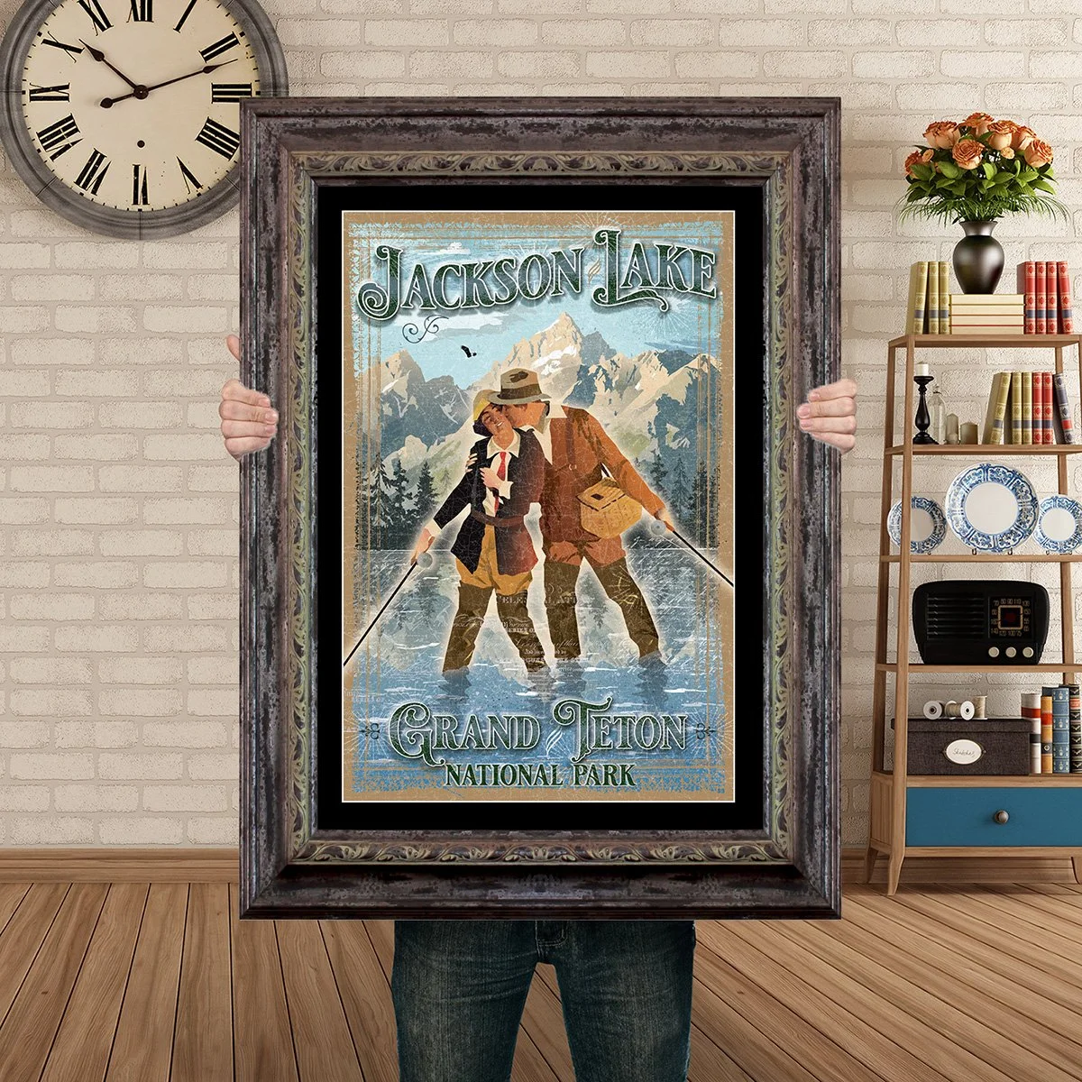 Man Holding Poster Mockup Barnwood Couple kissing jackson hole flyfishing.jpg