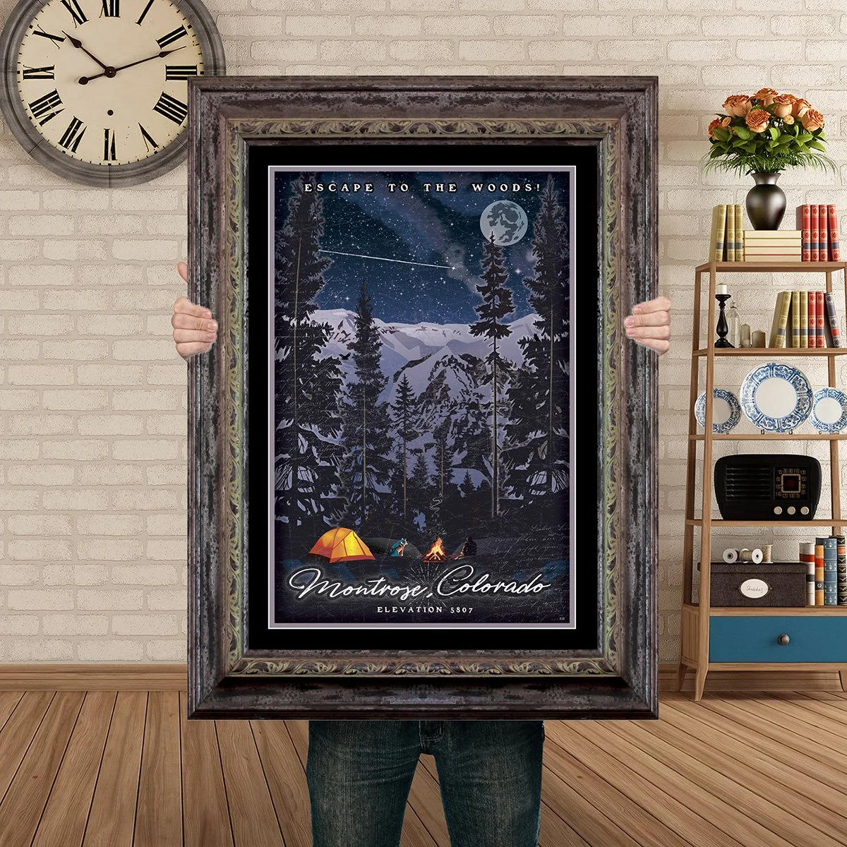Man Holding Poster Mockup Barnwood Escape to the woods montrose.jpg