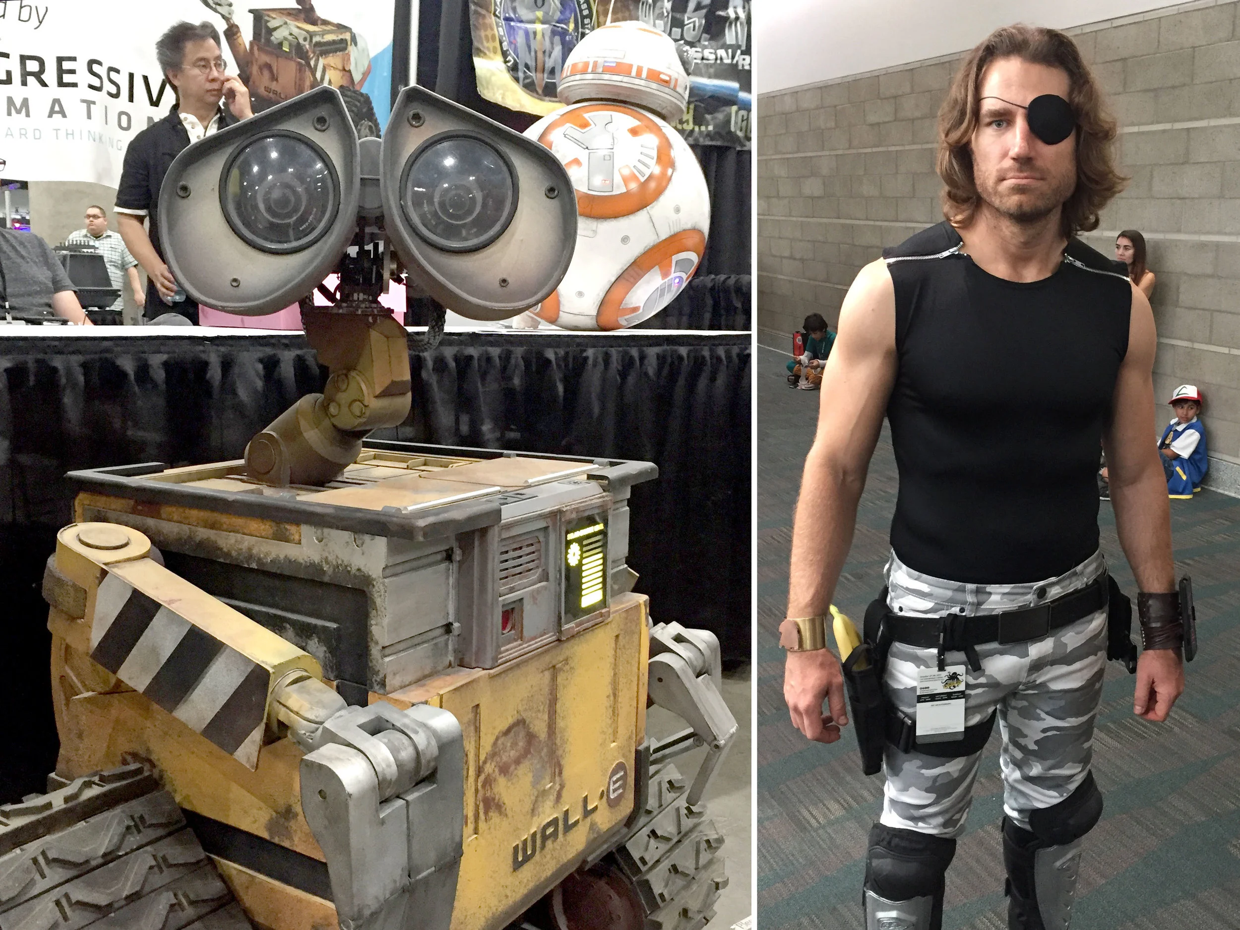Left: Fully radio controlled Wall-E from (The Wall-E Robot Project), Right: Spot-on Snake Plissken cosplay by Byrne Owens