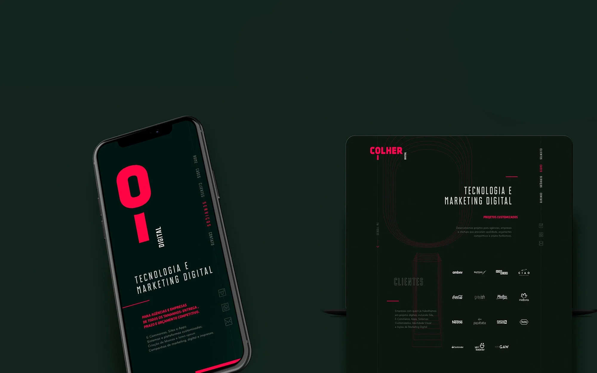 Mockup de celular e desktop com a interface da Colher Digital, agência de tecnologia e marketing digital, em tons de verde-escuro com detalhes vermelhos.webp