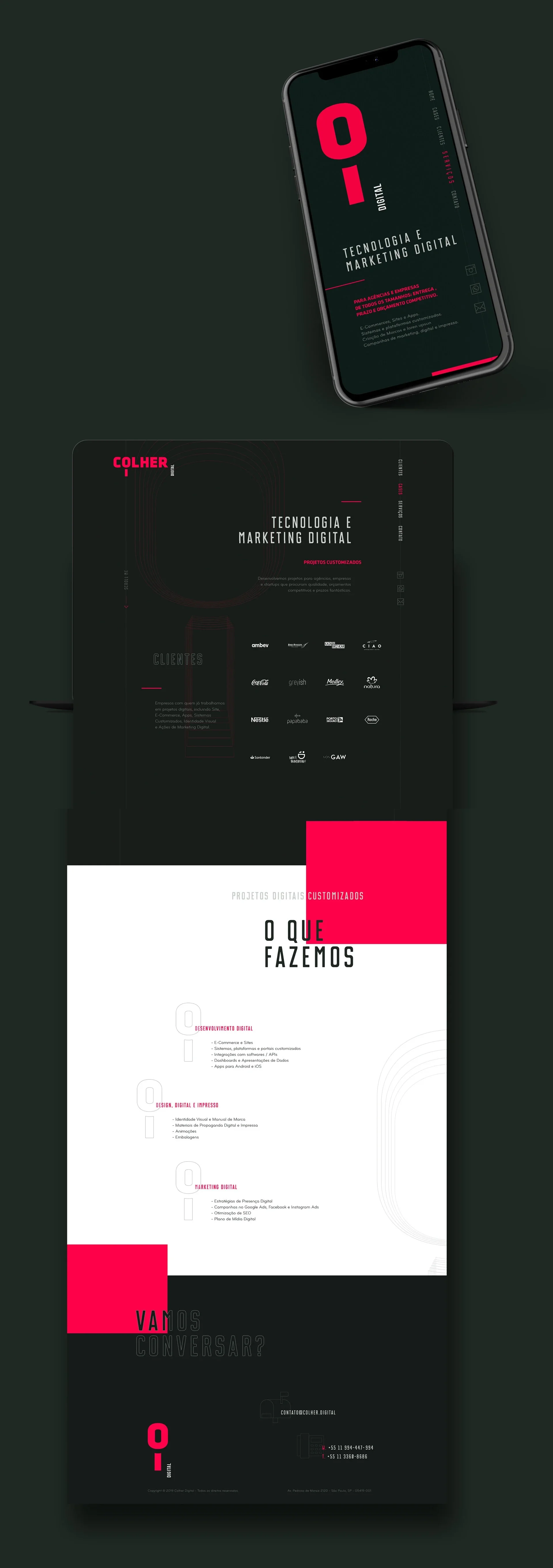 Mockup do site Colher Digital em smartphone e página completa, com seção Tecnologia e Marketing Digital, grade de logotipos de clientes e seção O que fazemos