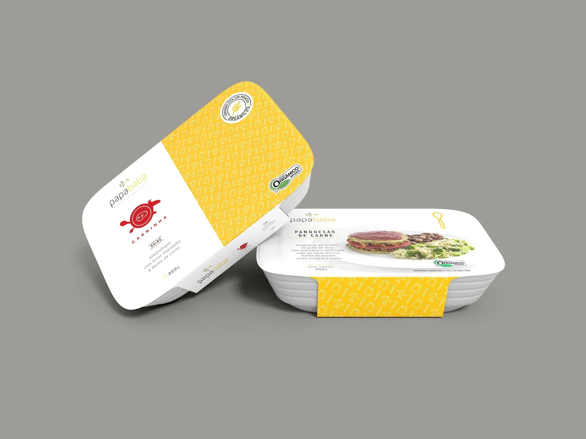 Mockup de embalagens de marmita PapaBaba: Almondegas de Carninha e Panquecas de Carne sobre fundo cinza