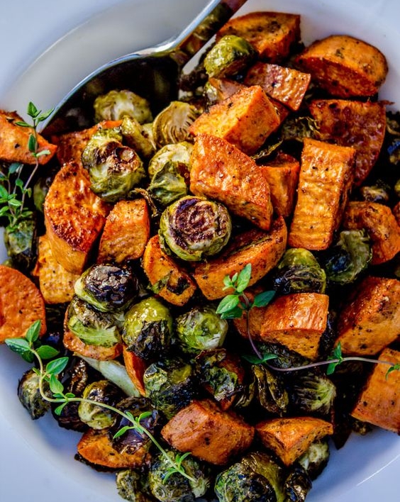 Roasted Sweet Potatoes and Brussell Sprouts 