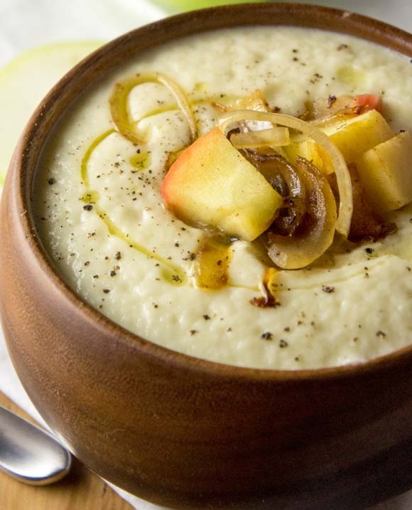 Cauliflower & Parsnip Soup with Caramelized Onions & Apples