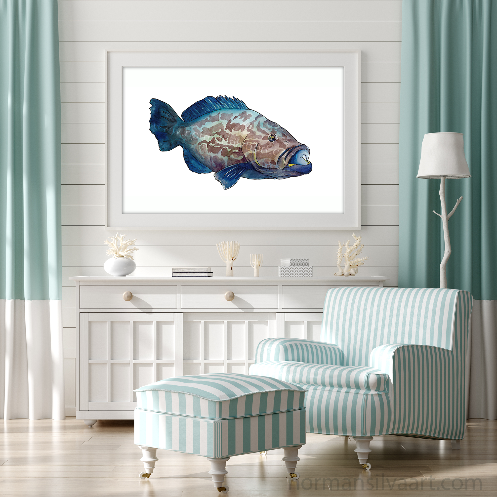 Close-up of Grouper watercolor Giclée print, featuring detailed marine textures, vibrant ocean colors, and museum-quality archival paper, ideal for coastal or nautical-themed décor.