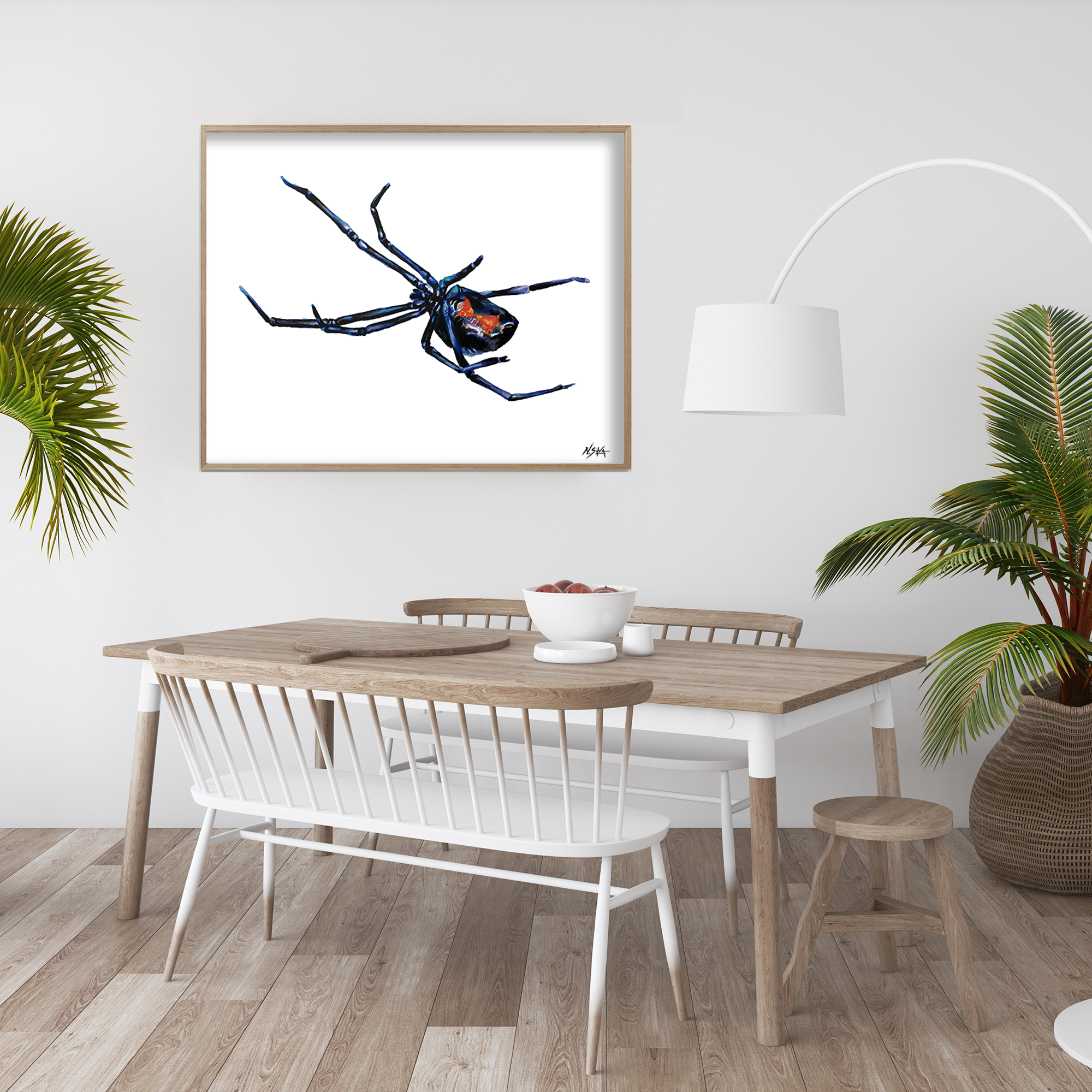 Close-up of Black Widow spider watercolor Giclée print, showing detailed brushwork, lifelike textures, and museum-quality archival paper, ideal for arachnid and wildlife art enthusiasts.