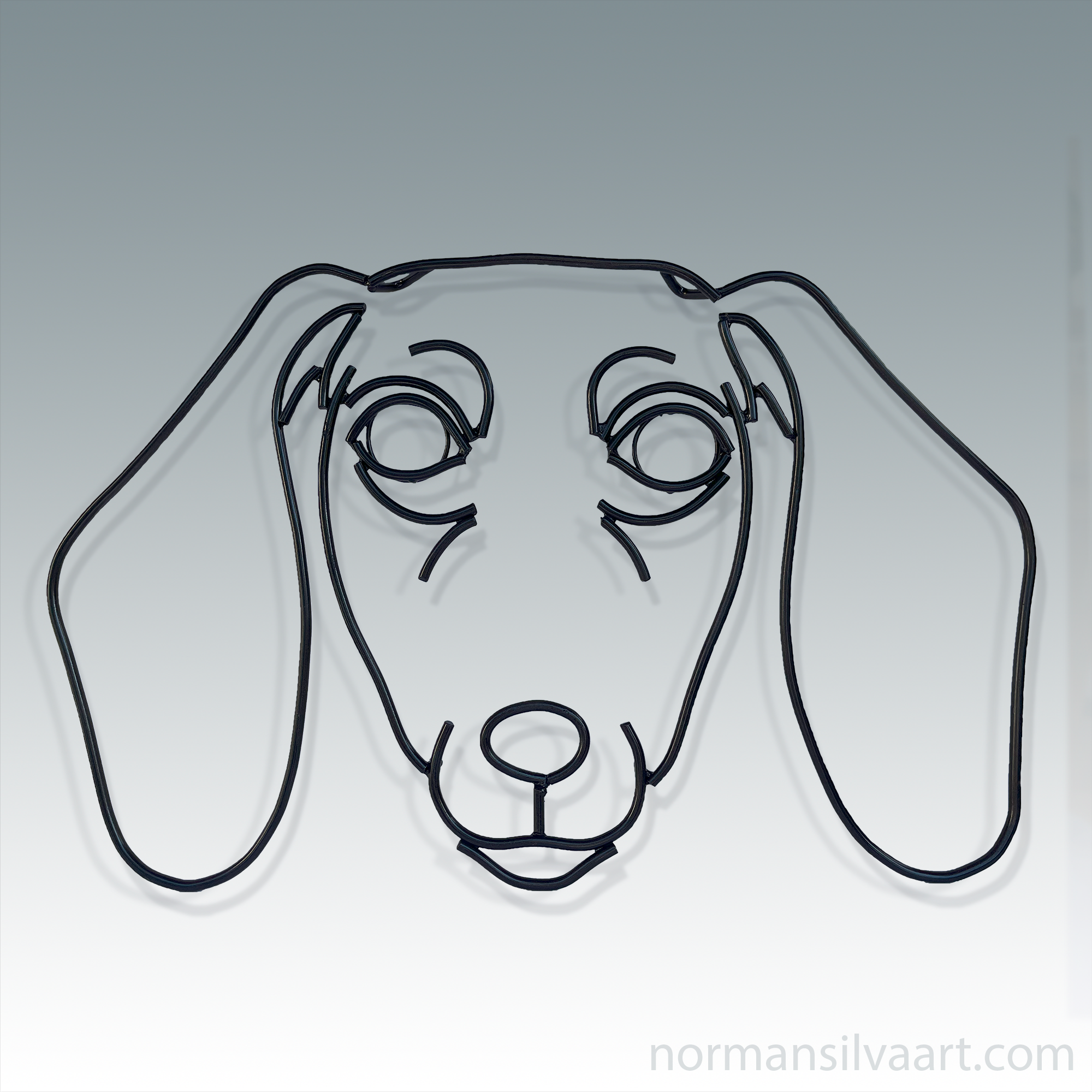 Handmade steel wiener dog wall sculpture capturing dachshund’s long body and expressive face