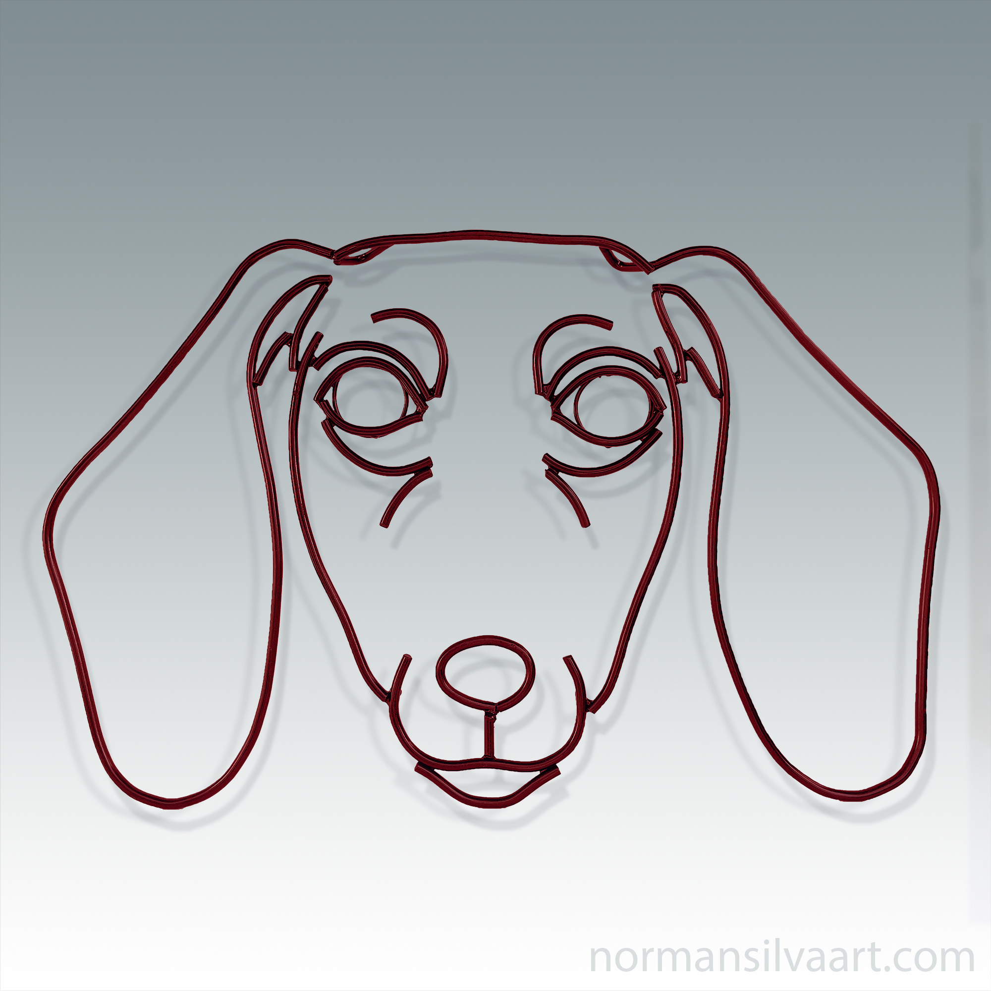 Handcrafted steel rod sculpture of a Dachshund head, coated in glossy finish.