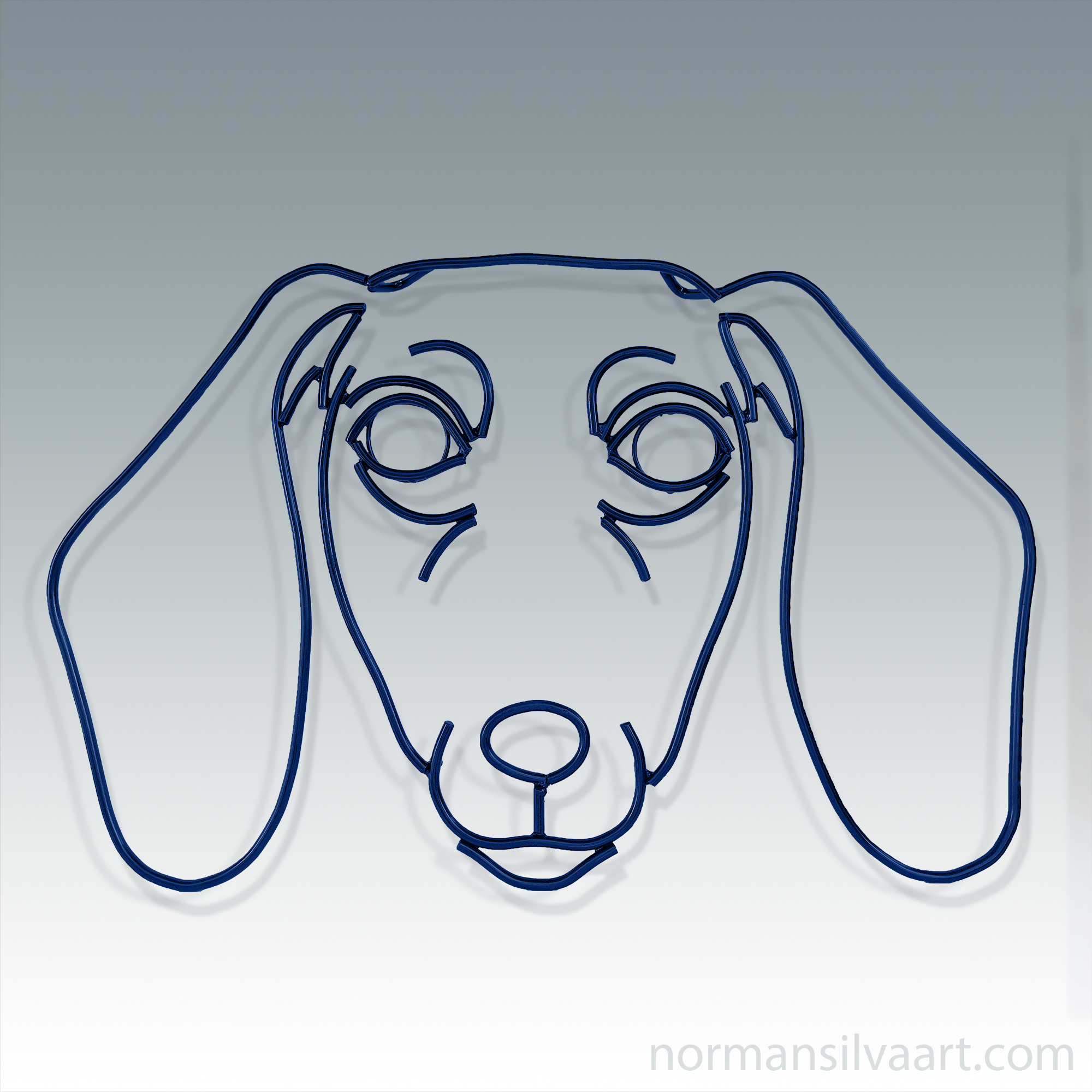 Close-up of a handmade steel rod sculpture depicting a Dachshund's head, perfect for modern decor.