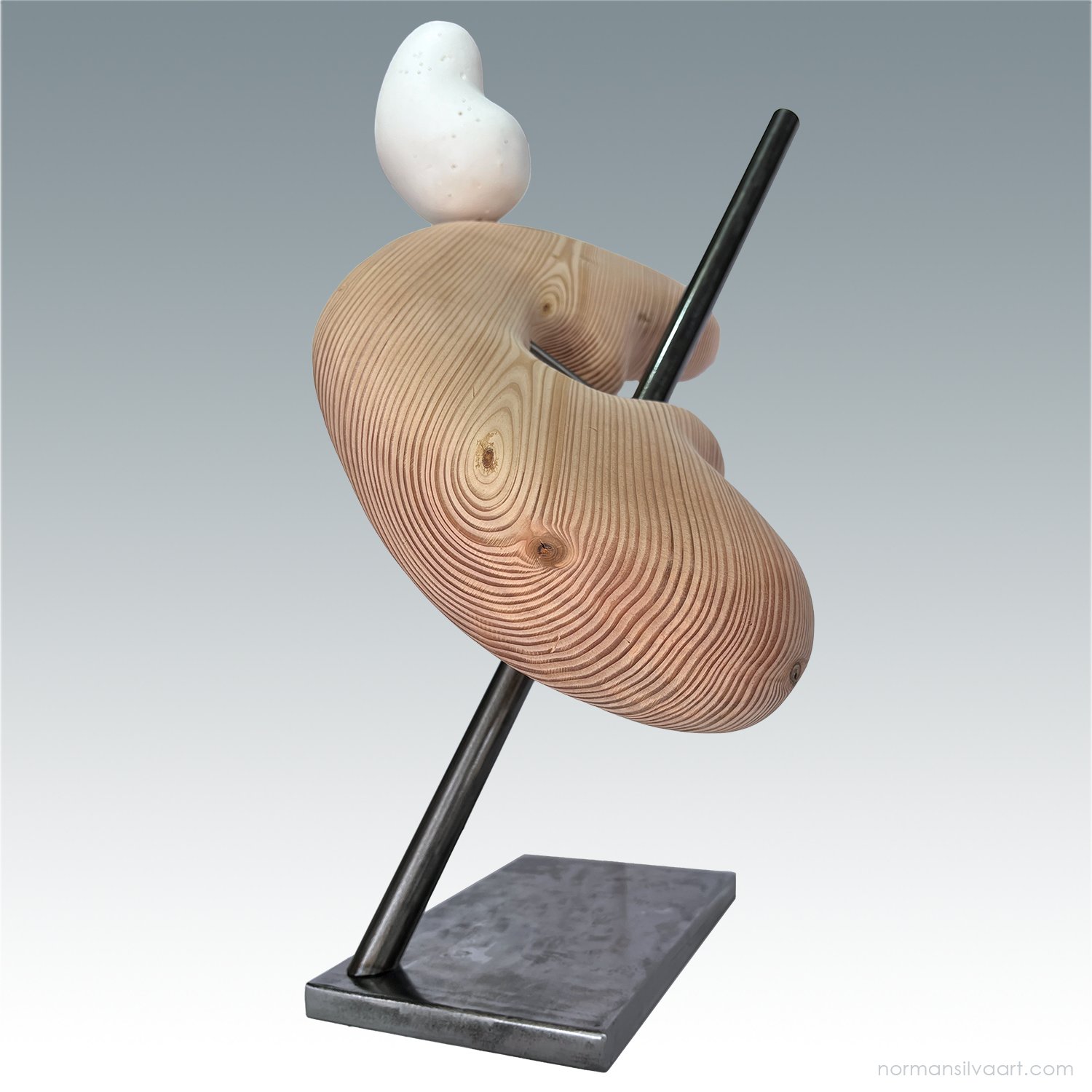 Modern abstract sculpture floating wood form with plaster element