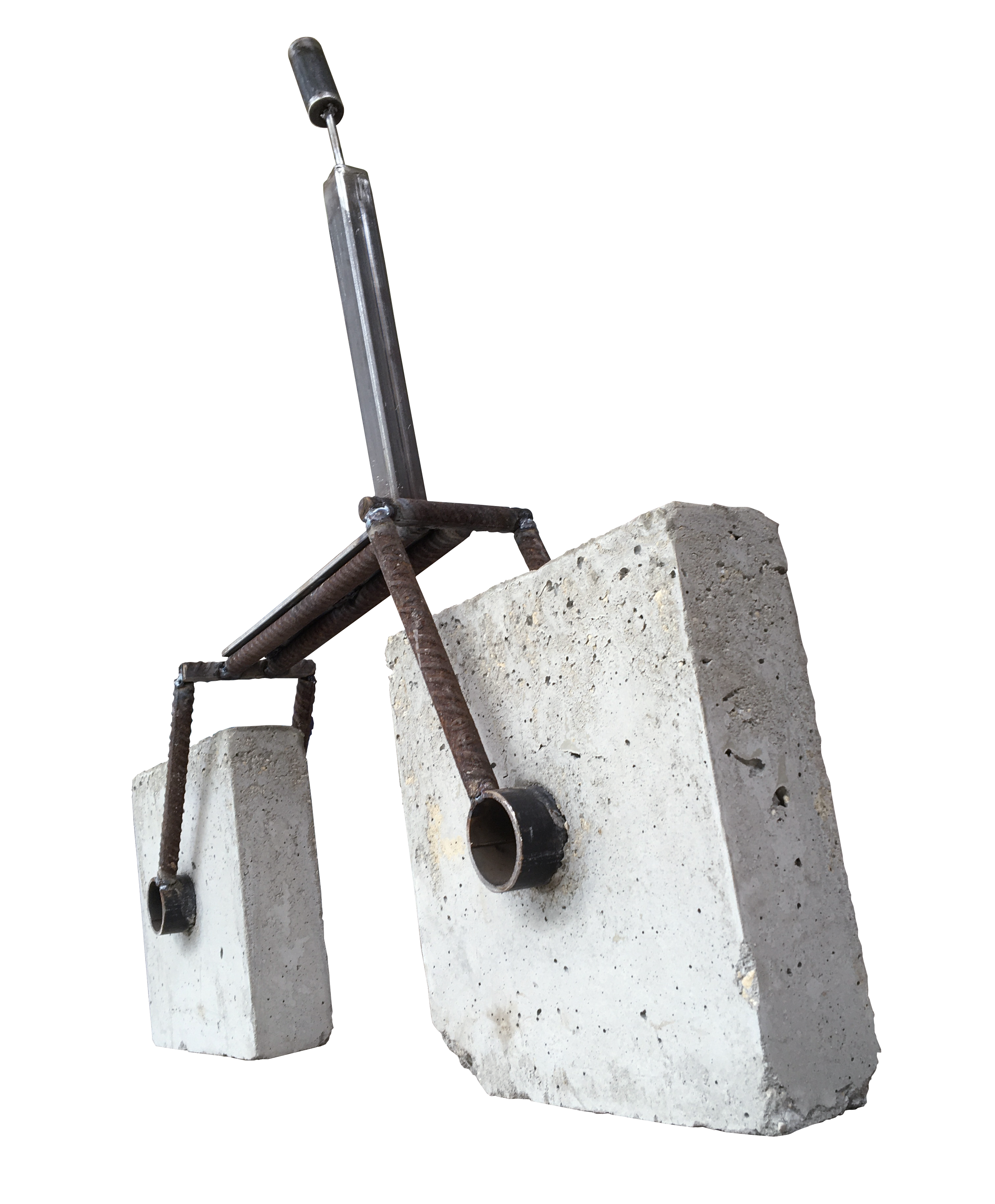Abstract steel and concrete sculpture “My Race” depicting a tall figure riding a minimalist bike with cube-shaped concrete wheels, symbolizing obstacles faced by the Hispanic community.