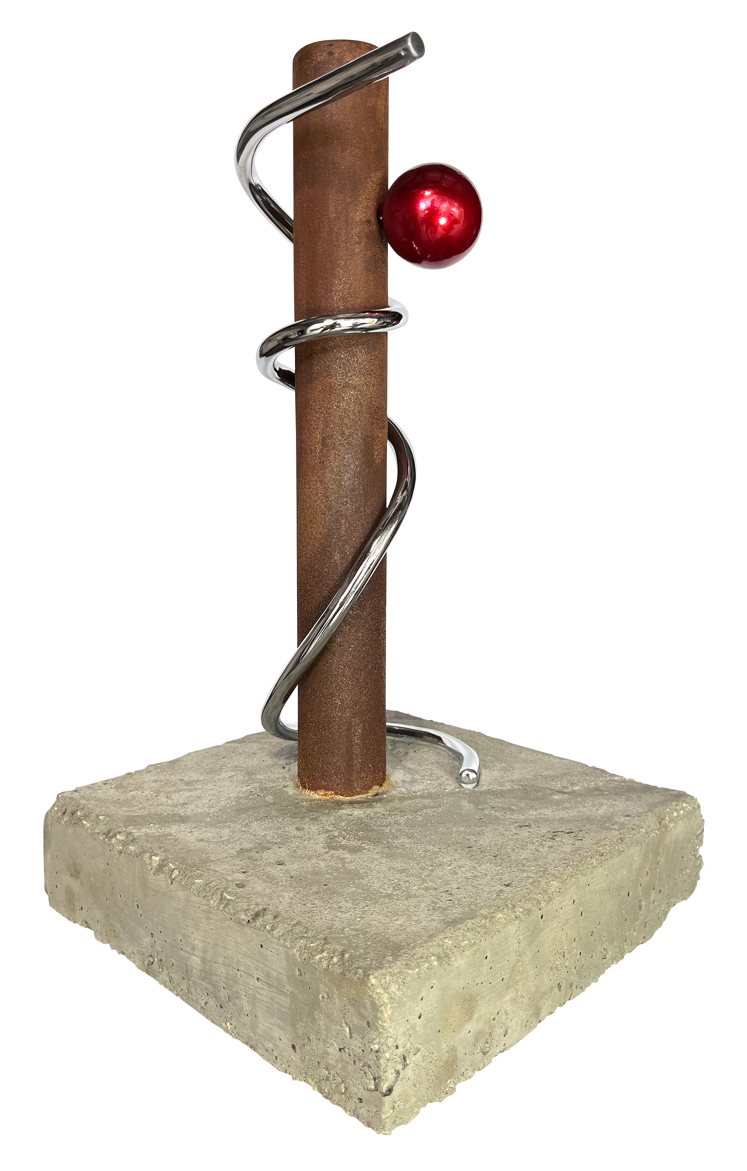Abstract sculpture featuring a sinuous chrome-plated steel serpent wrapped around a rusted column with a red sphere on top, representing the Garden of Eden and themes of desire and choice.
