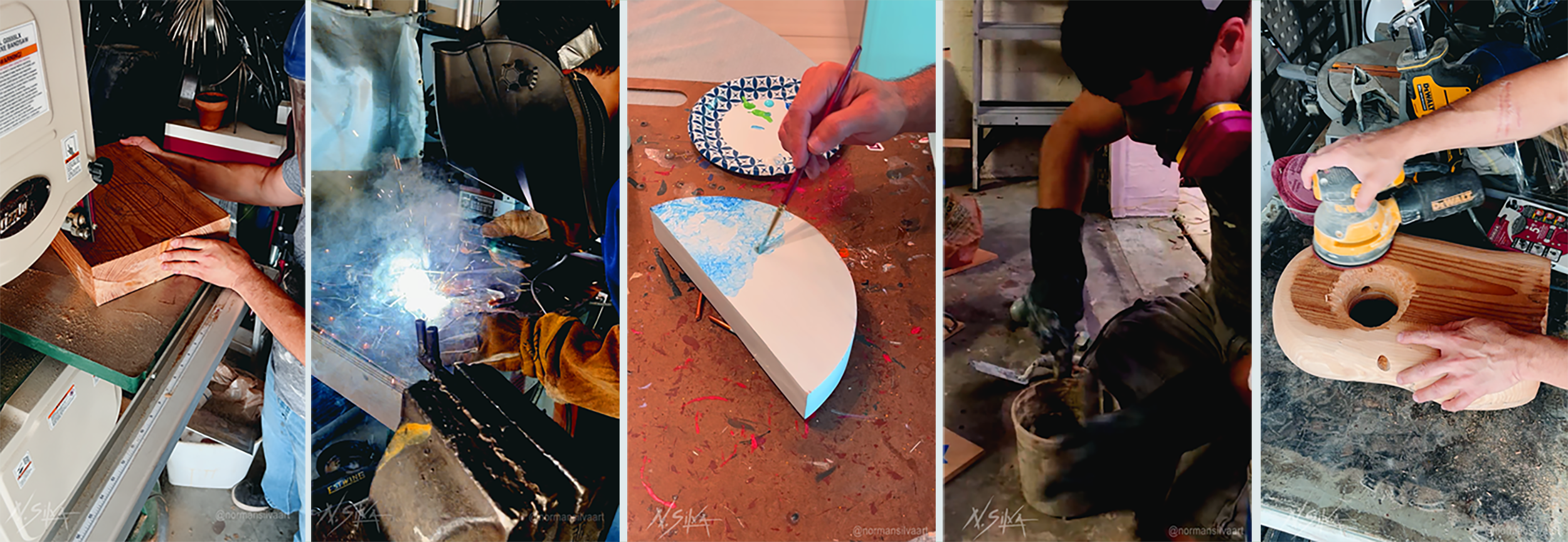 Artist, Norman Silva, working in his studio using various tools on different materials.