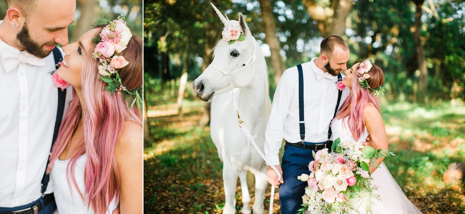 Venue: The Orange Blossom Barn , Florals: Flower Child Florist , Hair: Cassandra Platinum , Makeup: Krysten Strauser , Paper Goods: Kelly Milazzo , Tableware: Southern Chairs , Unicorn: Birdie Baby Boutique