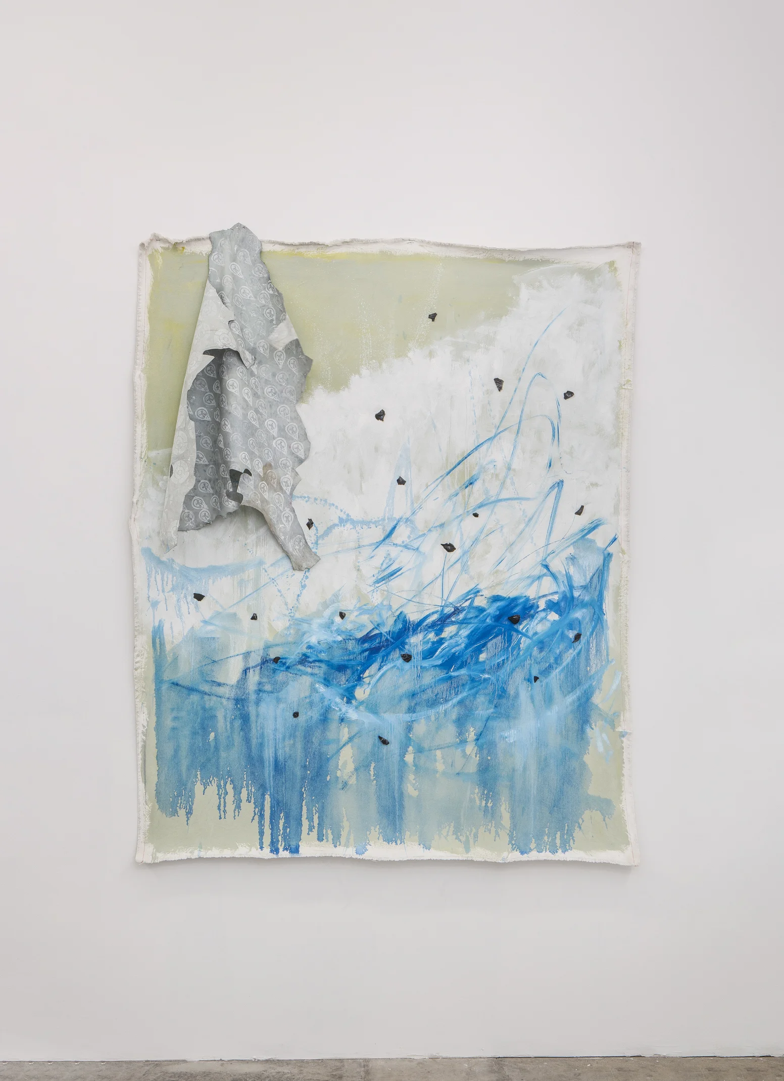 Marina 2 , 2018, oil on printed canvas, leather and obsidian, 190 x 160 cm