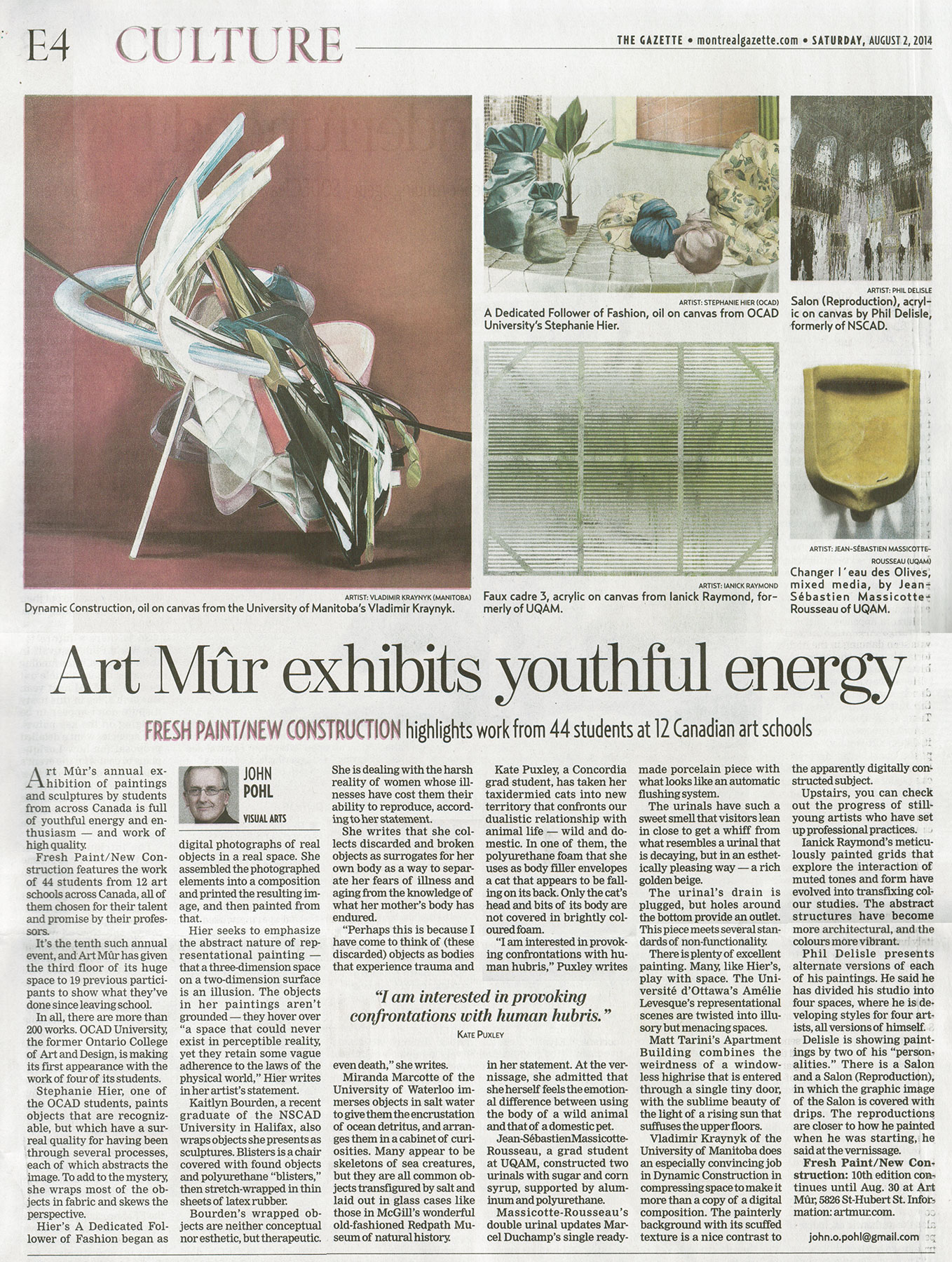   Visual Arts: Art Mûr exhibits youthful&nbsp;energy   Montreal Gazette  Saturday, August 2, 2014. 