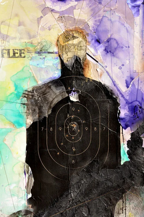 "Flee", Watercolor, ink, collage, mounted on board, framed. 30” x 40”, 2010.