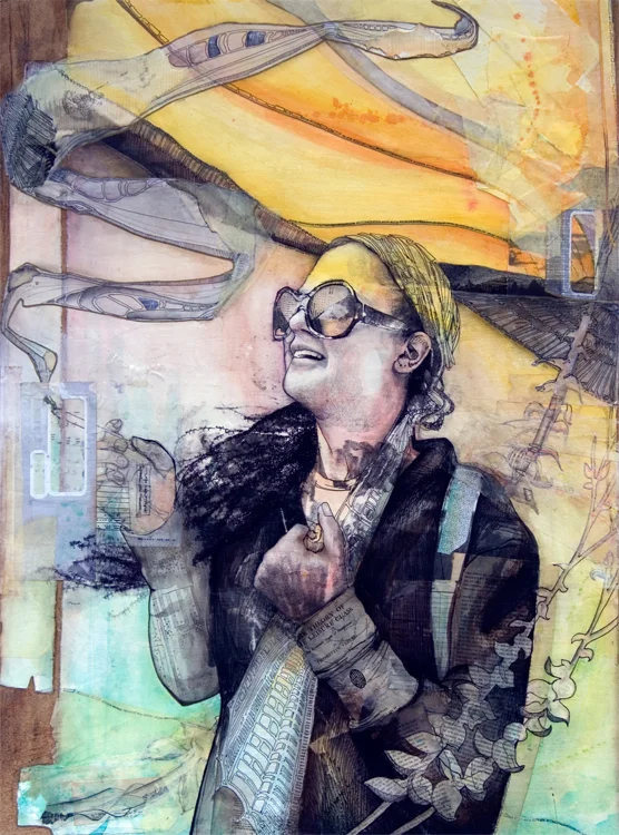 "Muse", Watercolor, ink, collage on board, framed. 30" x 40", 2010.