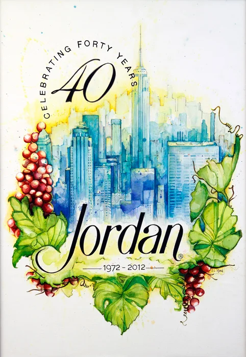 Jordan Anniversary label, Jordan Winery. Watercolor, ink, collage, on Arches, mounted on board. 36" x 48", 2012.