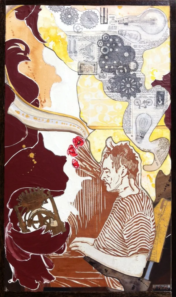 "Sequester", Acrylic, watercolor, print, collage, mounted and framed. 10" x 18", 2013.