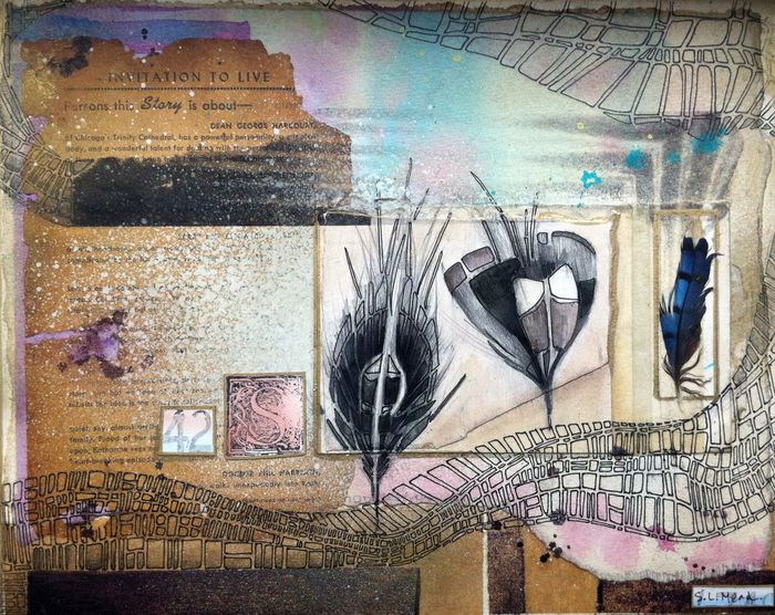 "Drift", 8" x 10", Watercolor, ink, collage on board, framed. 2012.