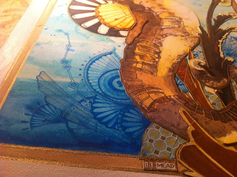 Detail of "Sea Horse", 2014. 12" x 16", Mixed media on Arches paper. Framed.