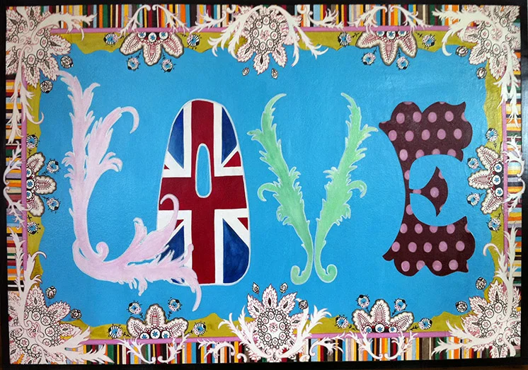 "Love Too" after Paul Smith, Collage on Arches, 2011, framed.