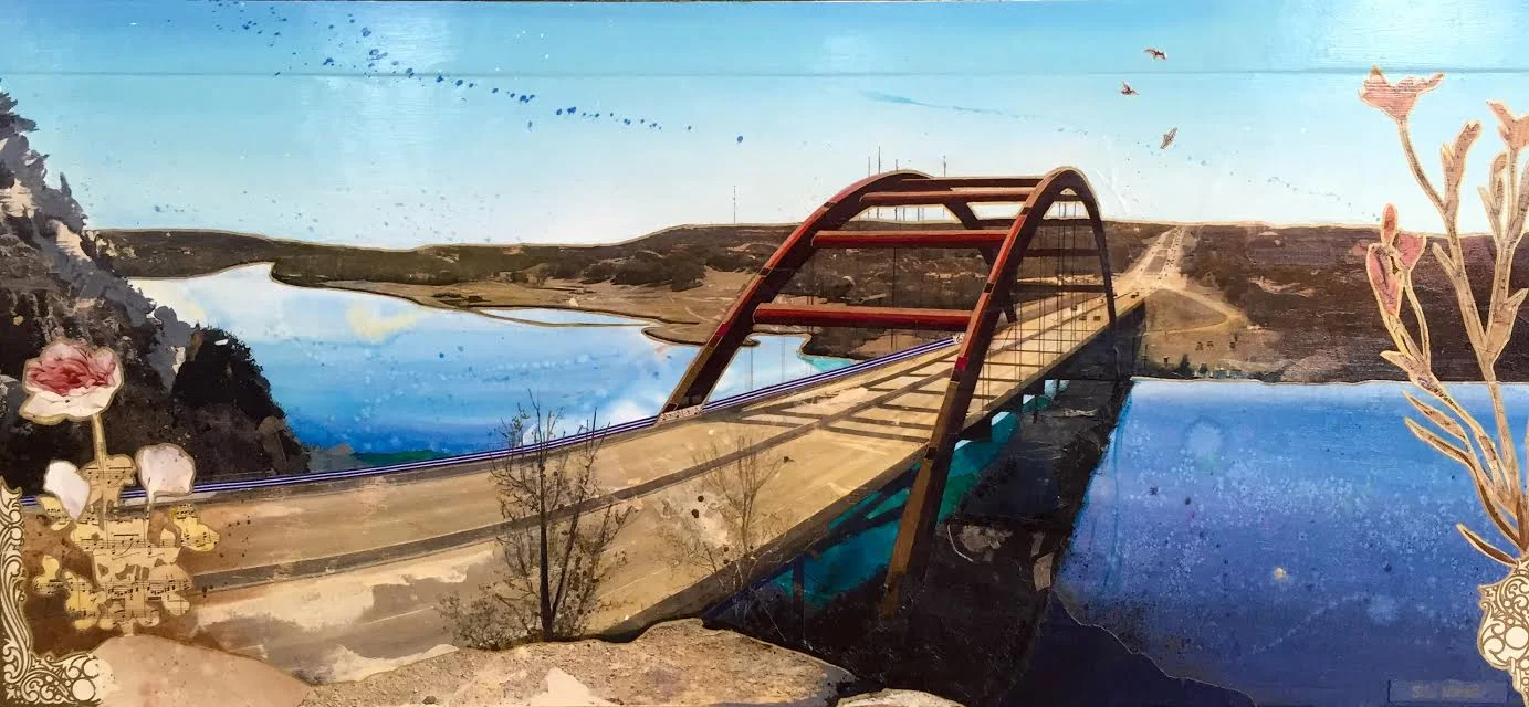 "Pennybacker Bridge", Mixed media on board. 33" x 65", 2016