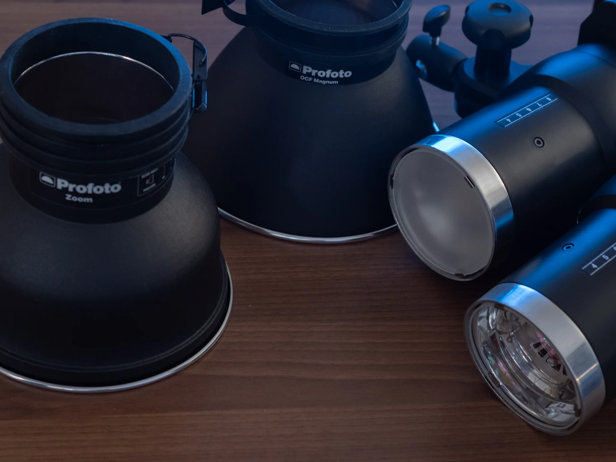 Fra venstre: Zoom reflector, OCF Magnum, Standard Glass og Klart Glass.