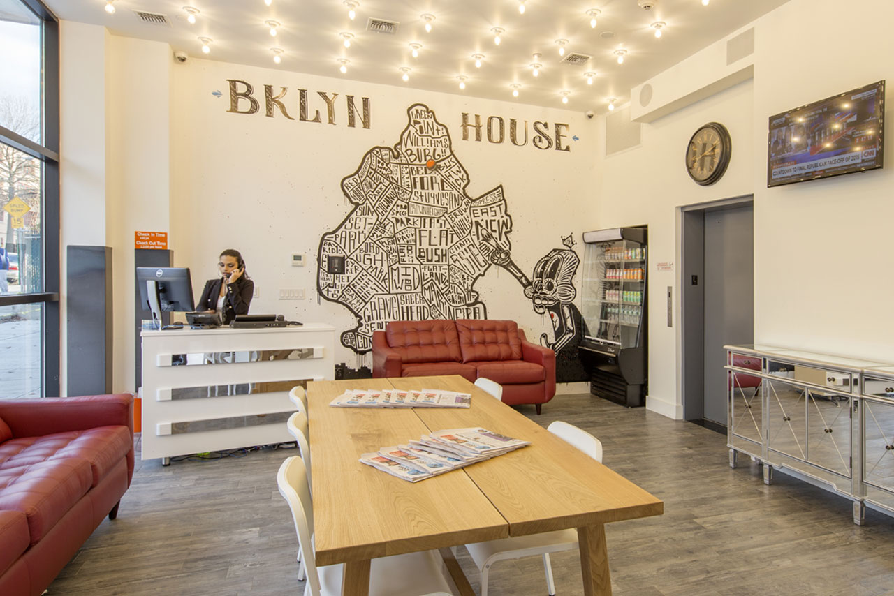 Lobby of Bklyn House, mural by artist Dink C
