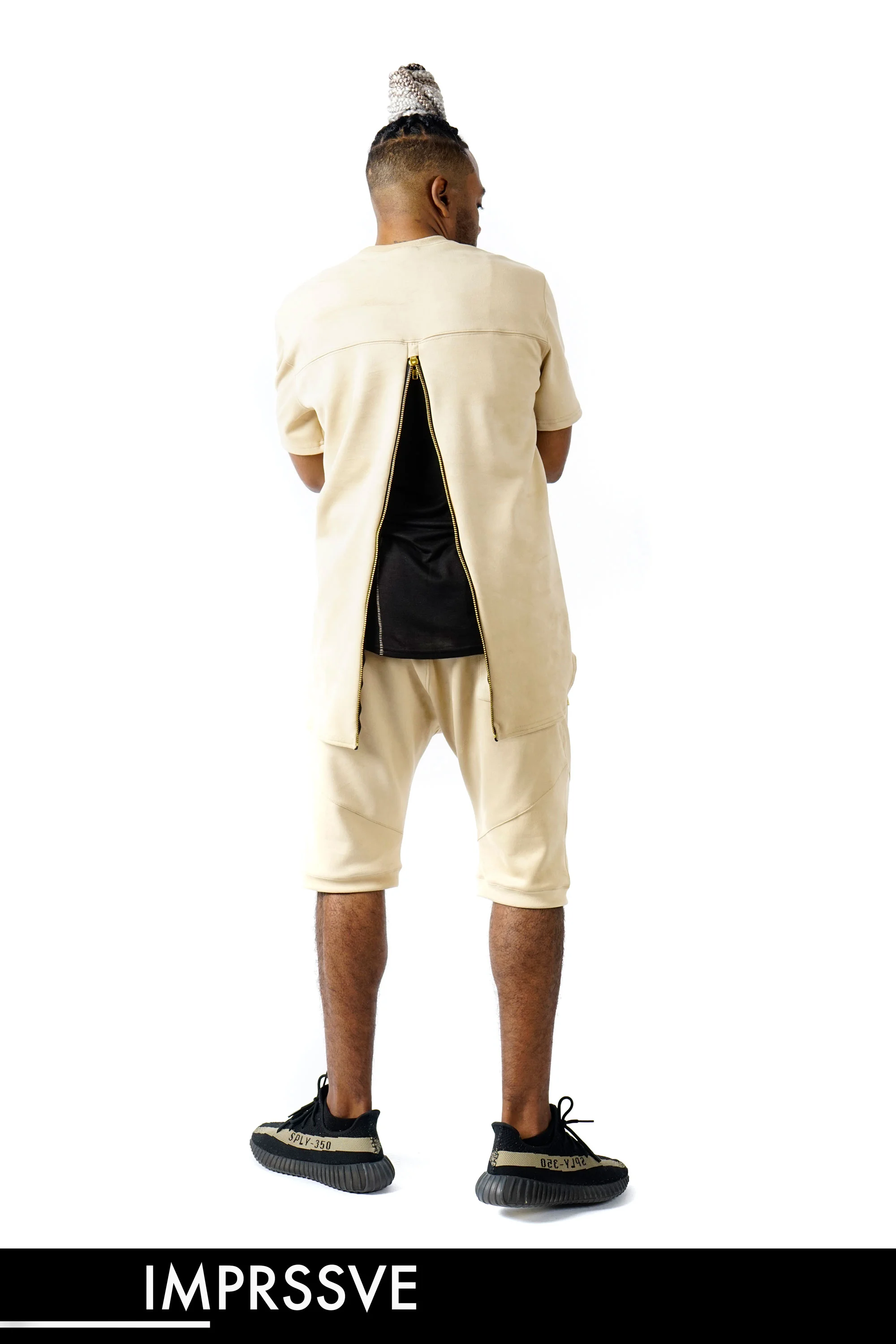 SUEDE BACK ZIP TAN TEE