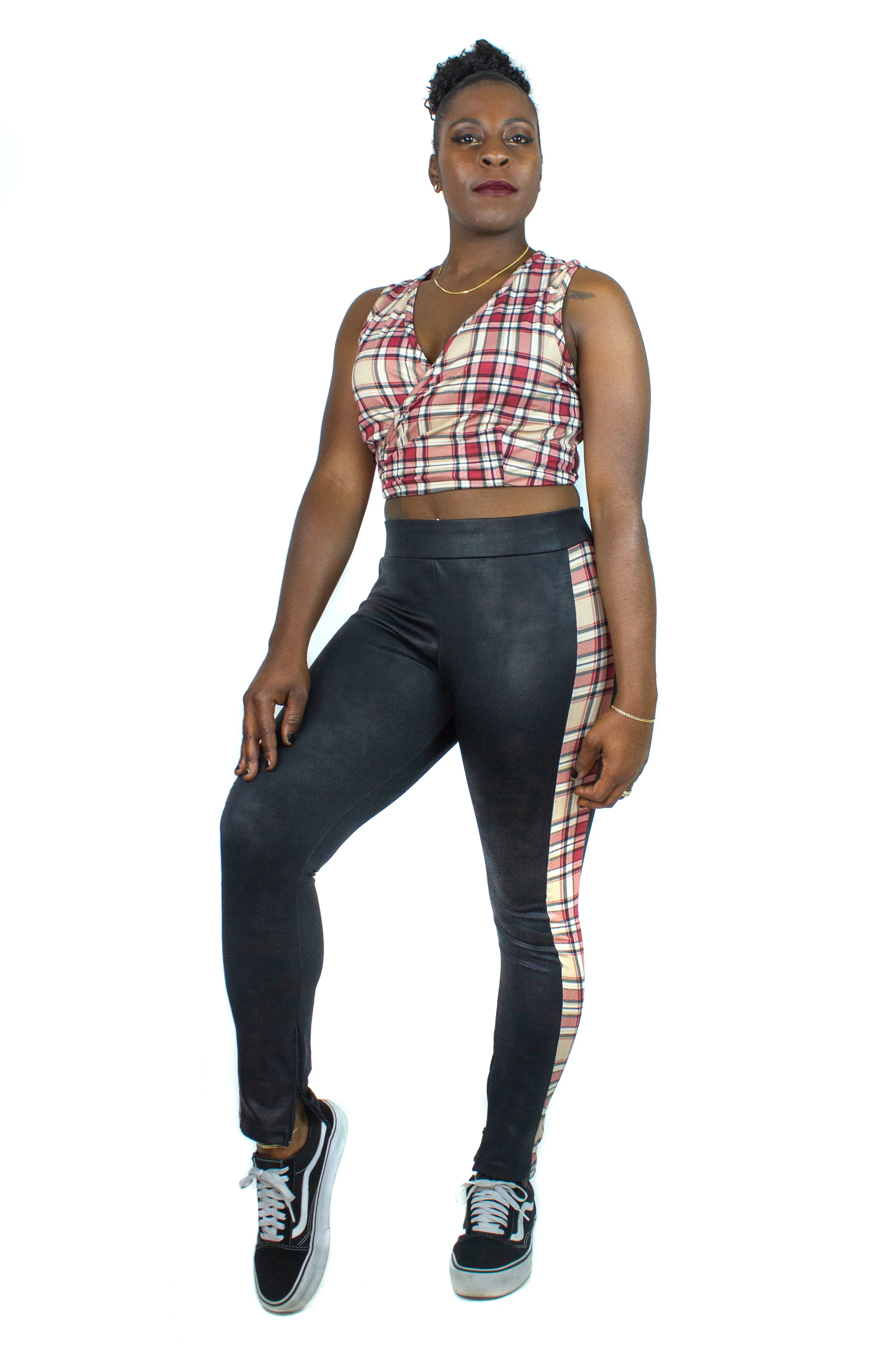 Plaid Track Zipper Leggings