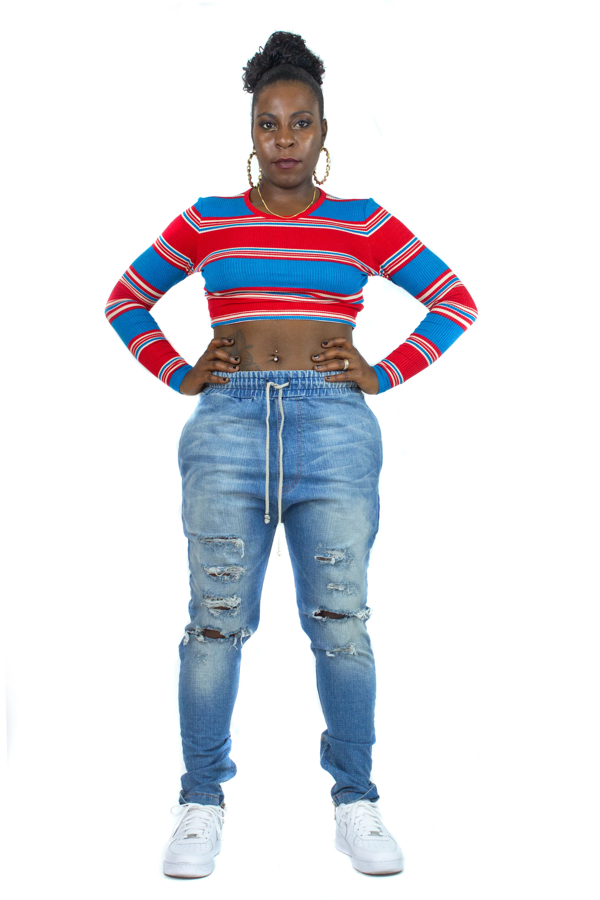 Rusty Blue Stripe Long Sleeve Crop Top